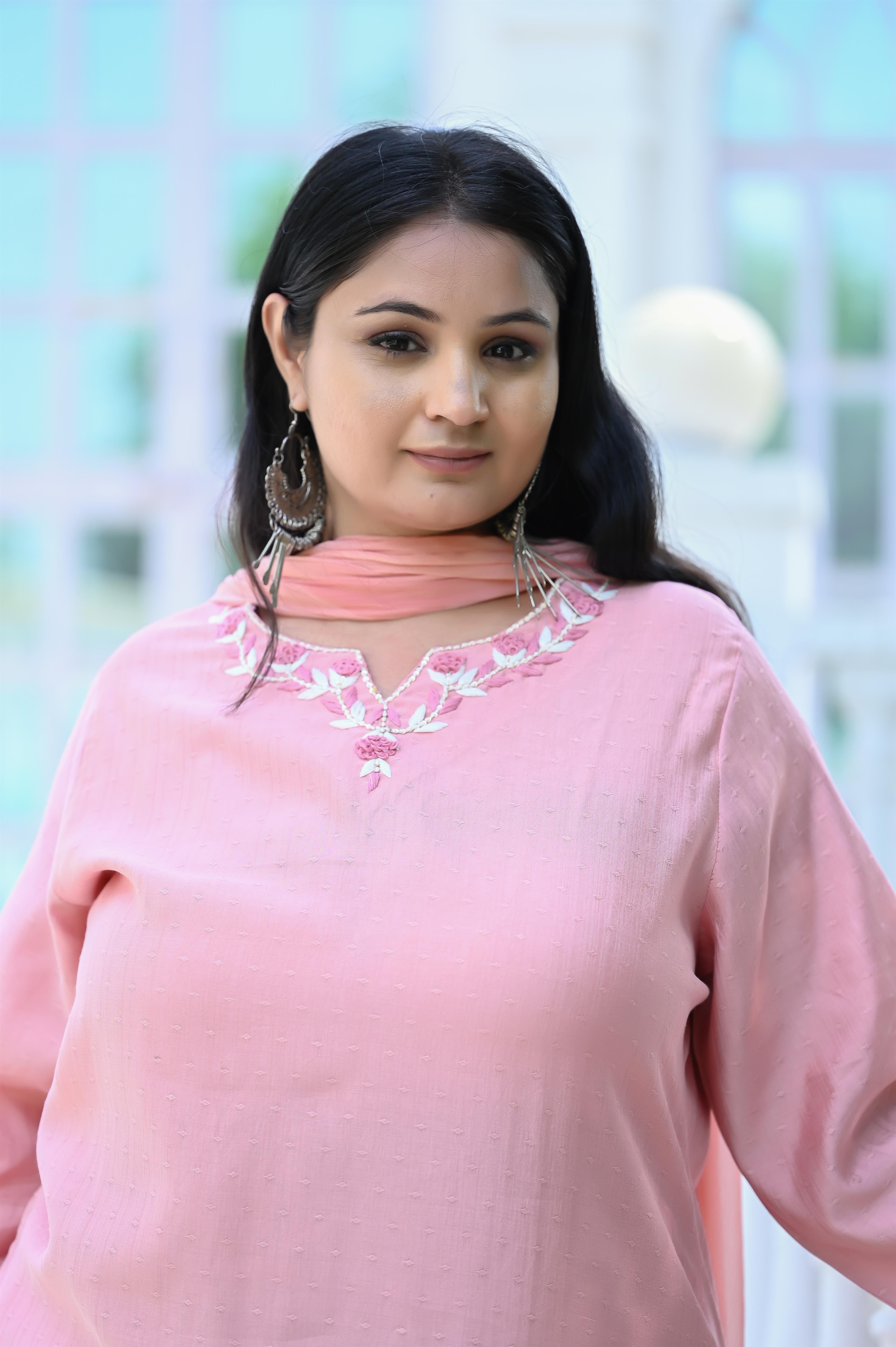 Peach Color Handwork Embroidered Chanderi Silk Kurta-Pant