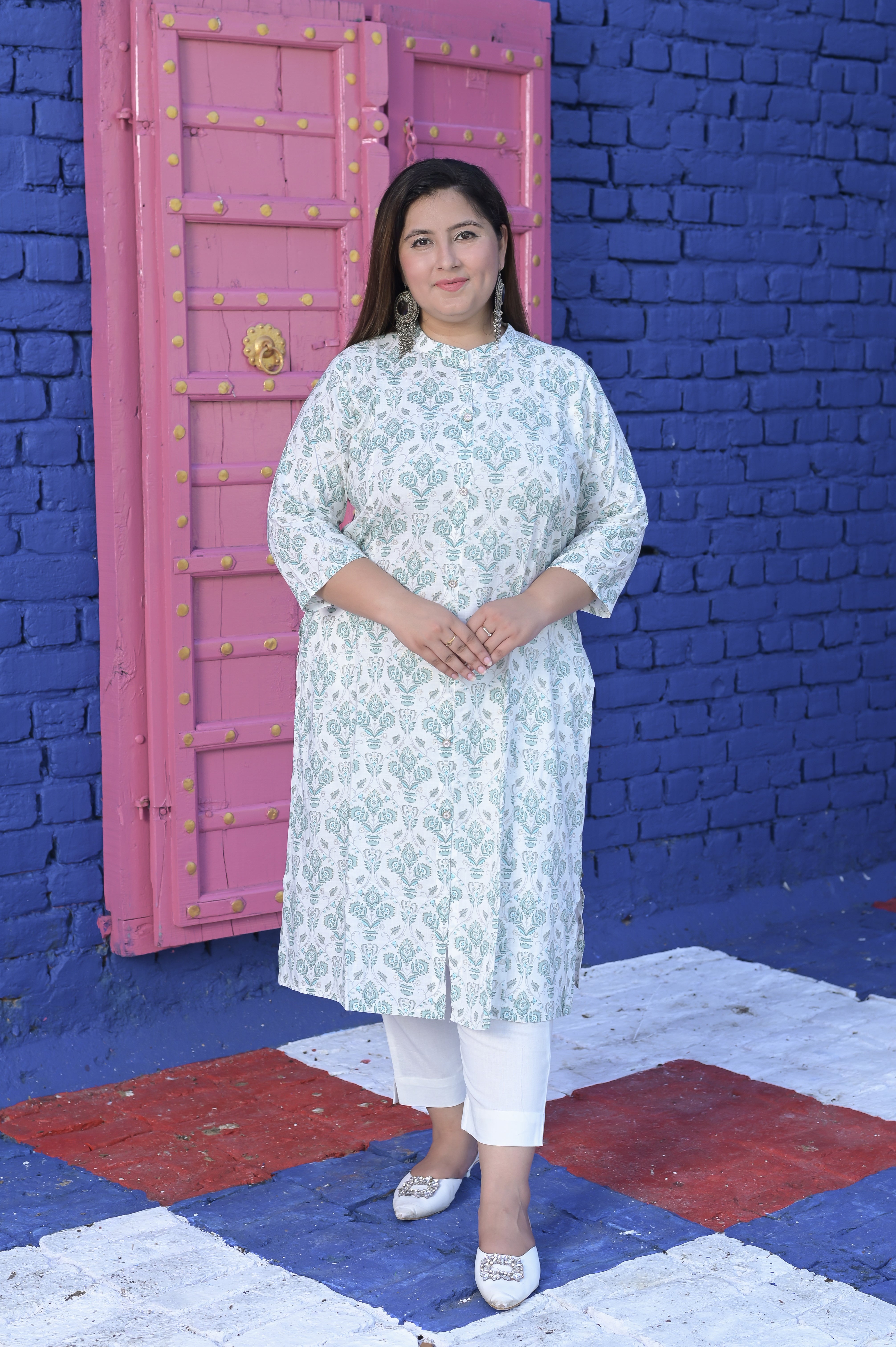 PLUS SIZE WHITE AQUA-BLUE PRINTED RAYON SLUB PRINCESS CUT KURTA