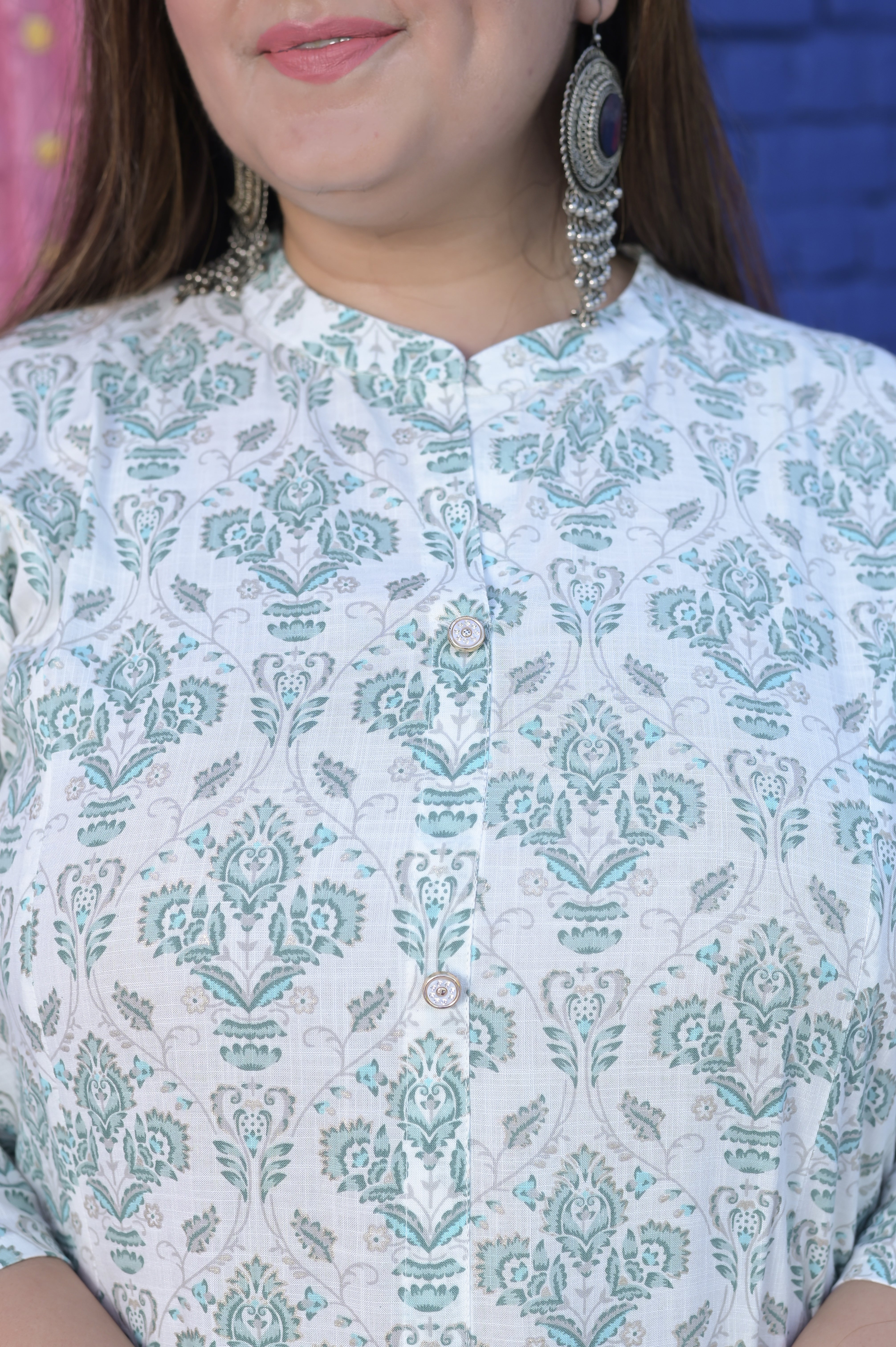 PLUS SIZE WHITE AQUA-BLUE PRINTED RAYON SLUB PRINCESS CUT KURTA