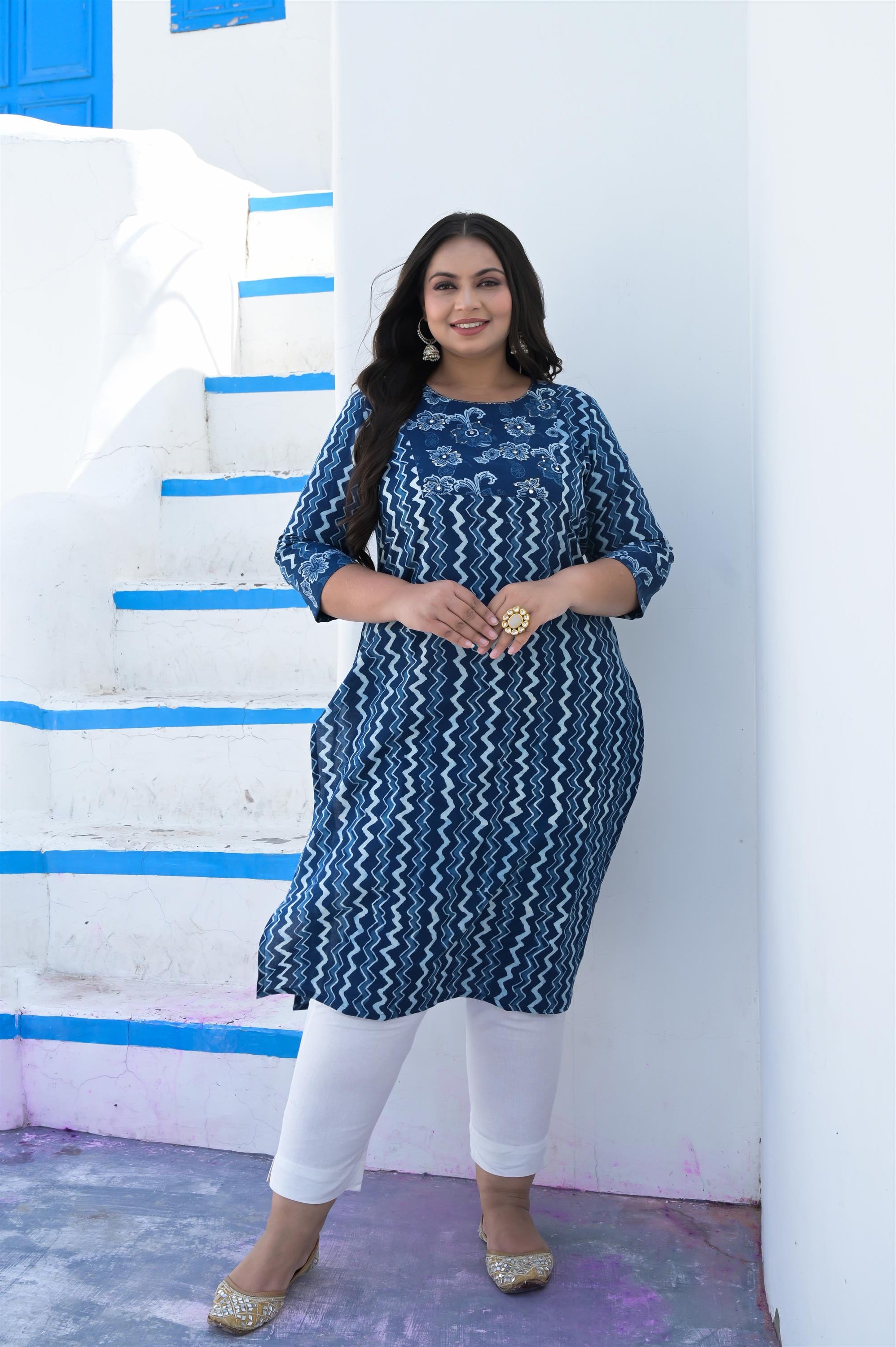 INDIGO HAND BLACK COTTON STRAIGHT KURTA - Vifa Plus