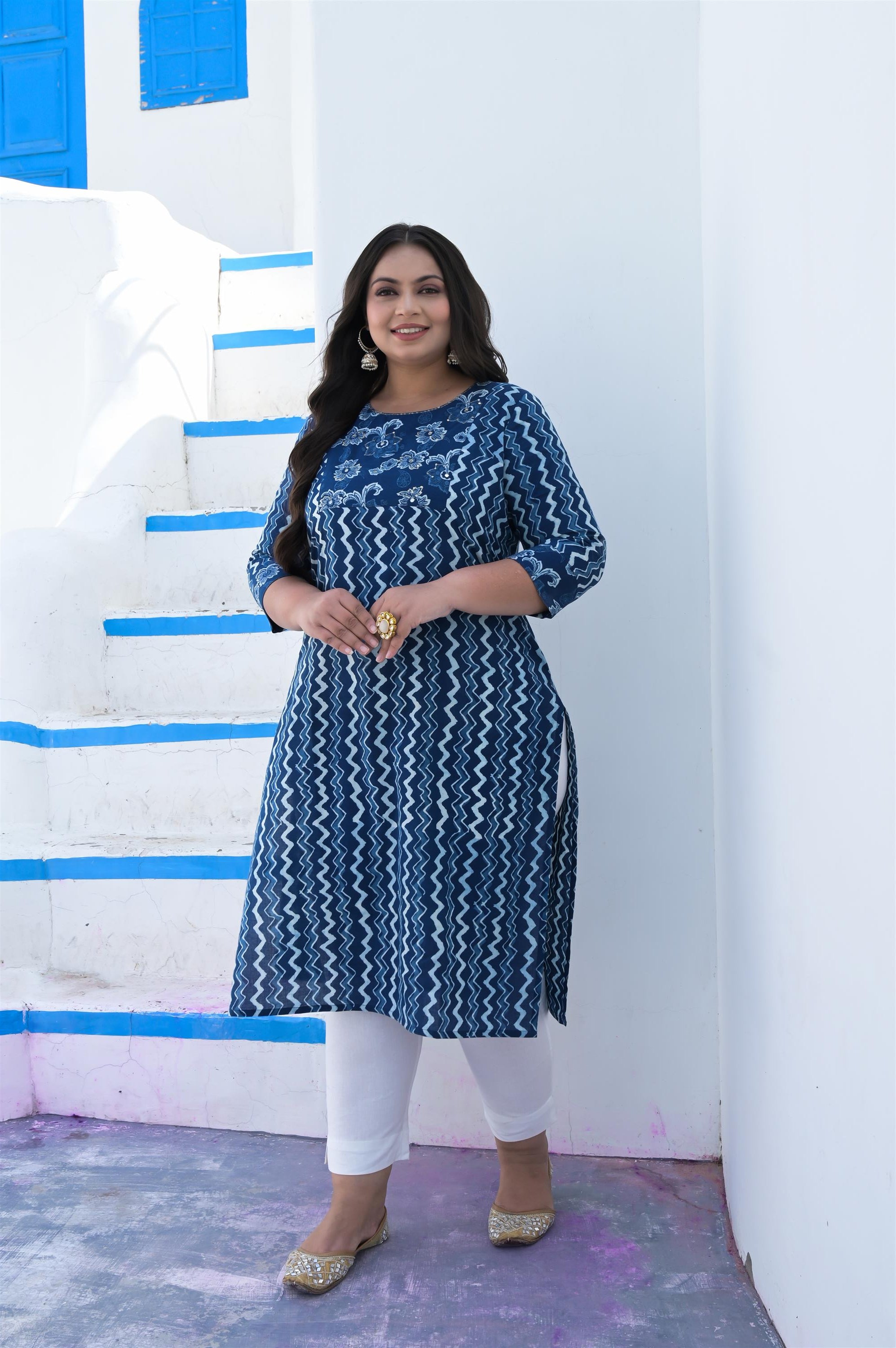 INDIGO HAND BLACK COTTON STRAIGHT KURTA - Vifa Plus