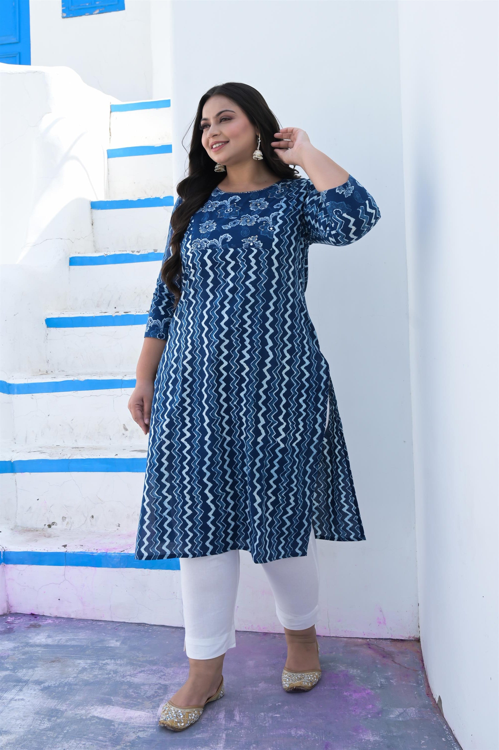 INDIGO HAND BLACK COTTON STRAIGHT KURTA - Vifa Plus