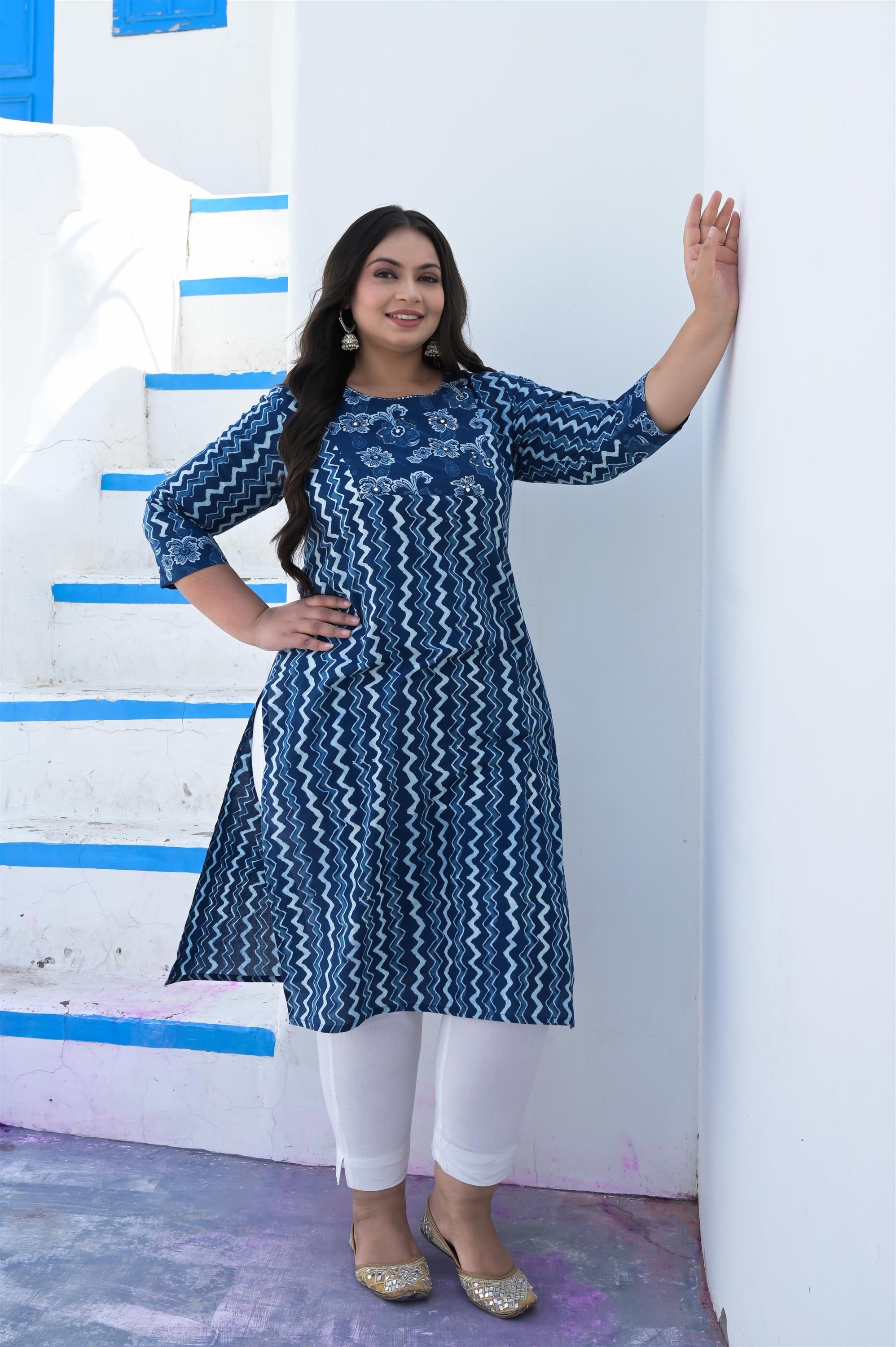 INDIGO HAND BLACK COTTON STRAIGHT KURTA - Vifa Plus