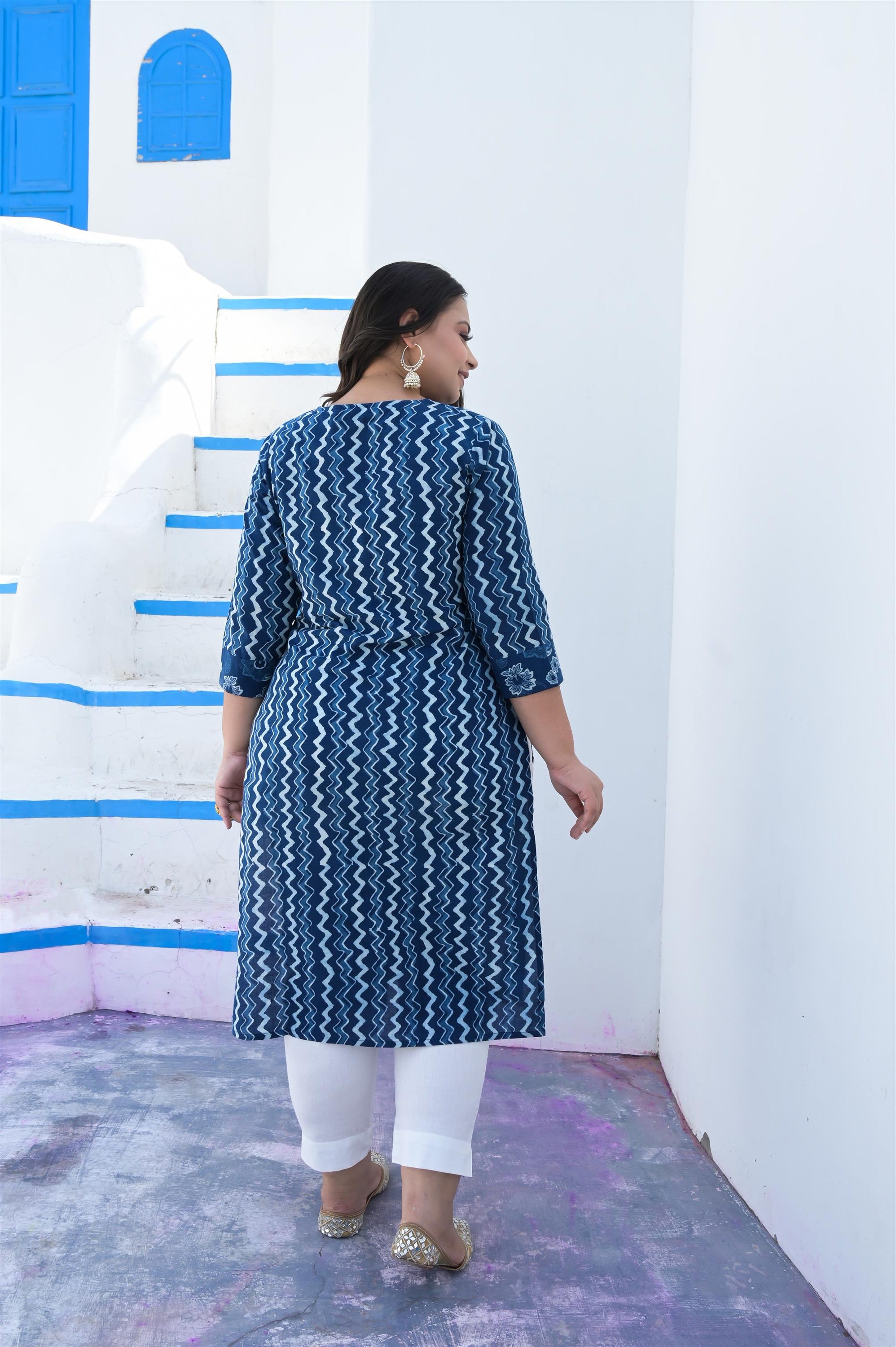 INDIGO HAND BLACK COTTON STRAIGHT KURTA - Vifa Plus