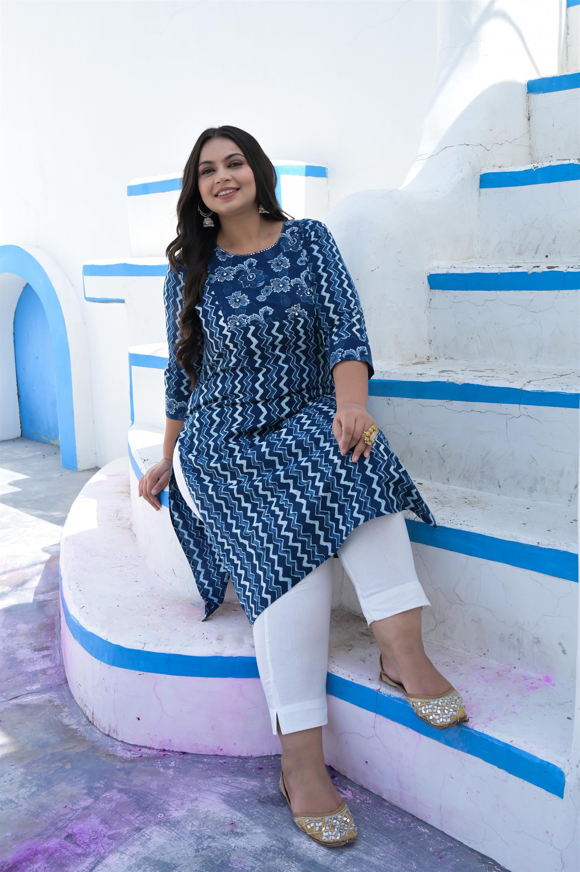 INDIGO HAND BLACK COTTON STRAIGHT KURTA - Vifa Plus