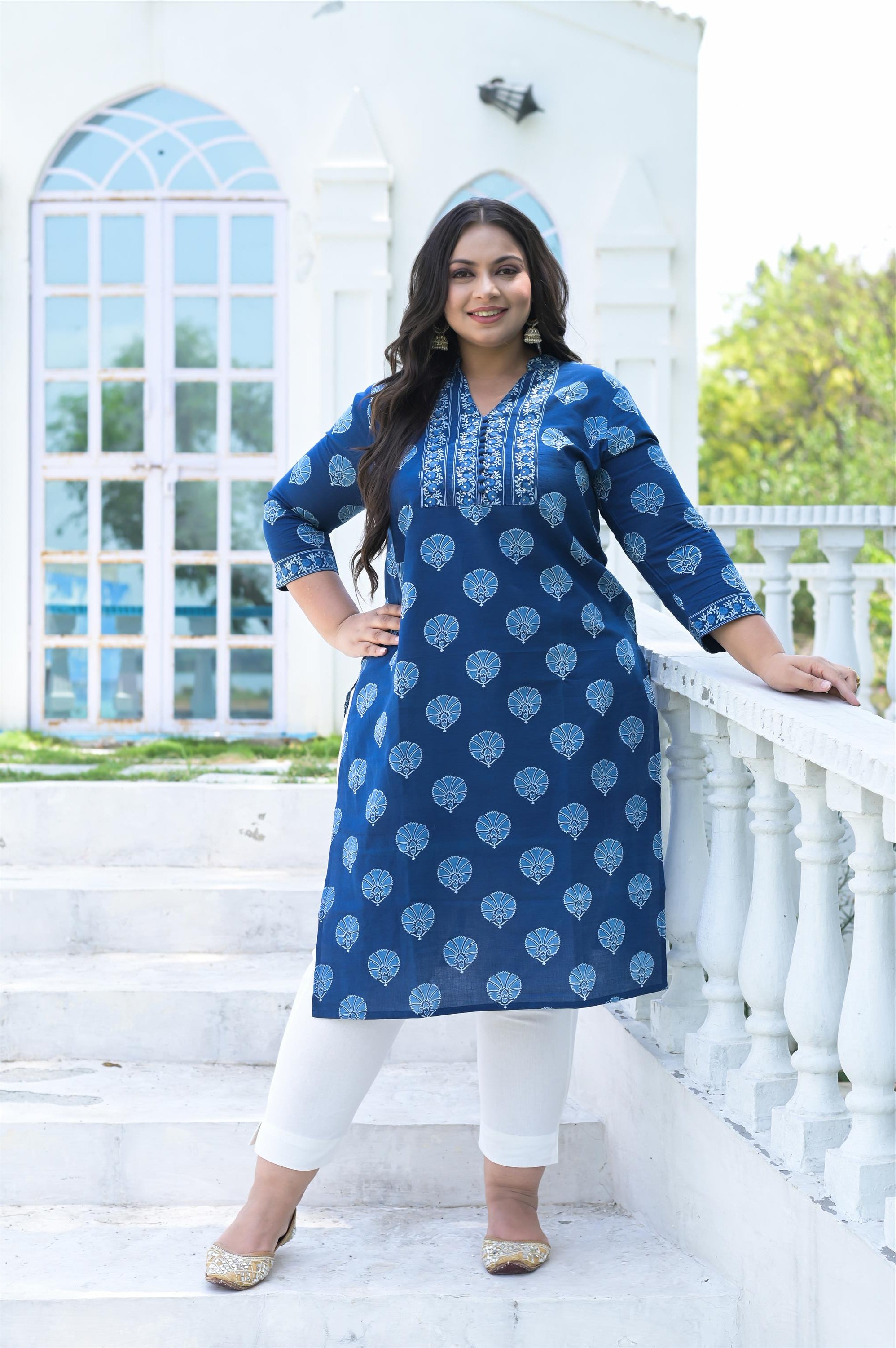 INDIGO HANDBLOCK COTTON STRAIGHT KURTA - Vifa Plus