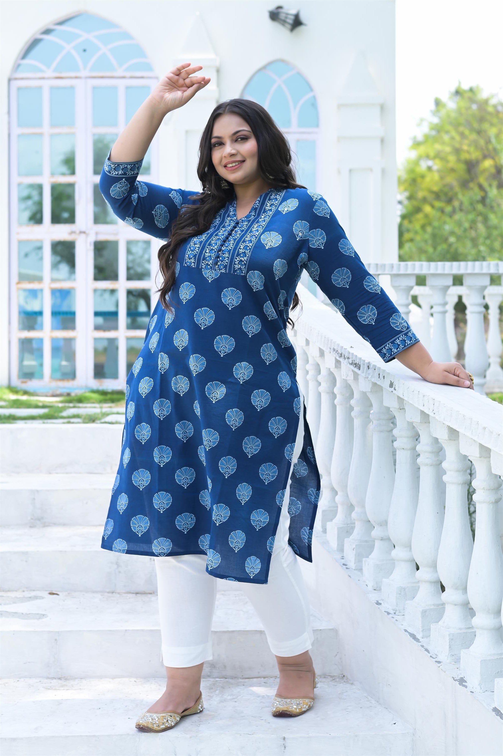INDIGO HANDBLOCK COTTON STRAIGHT KURTA - Vifa Plus