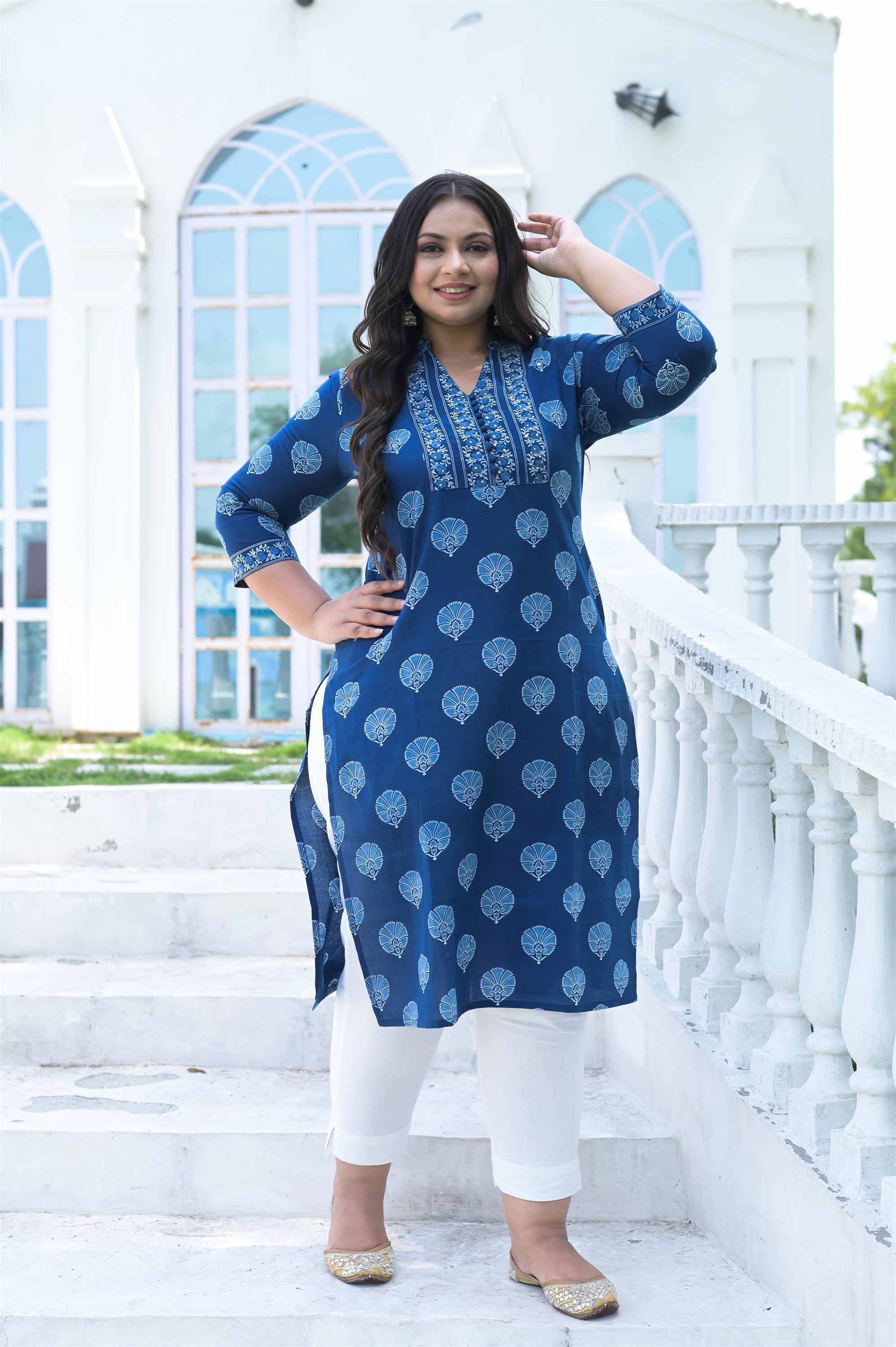 INDIGO HANDBLOCK COTTON STRAIGHT KURTA - Vifa Plus