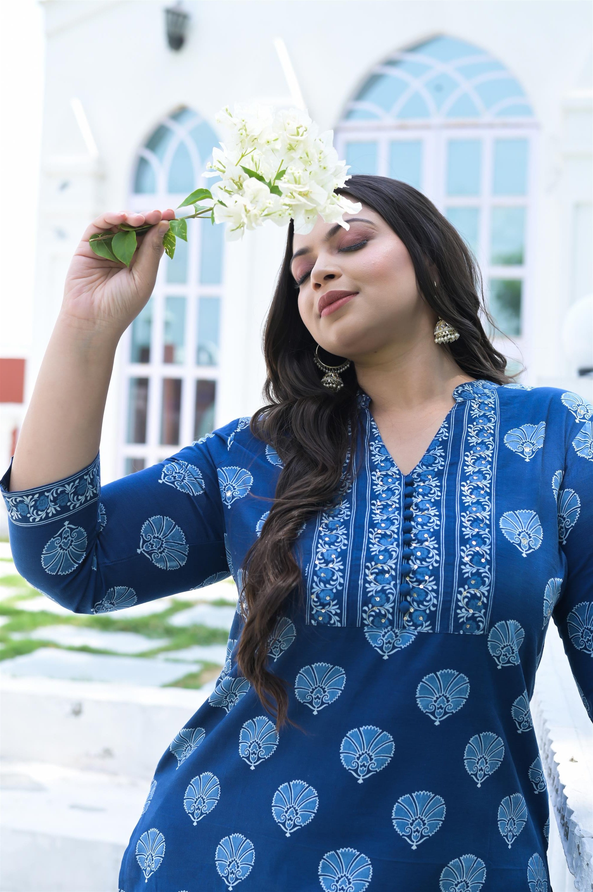INDIGO HANDBLOCK COTTON STRAIGHT KURTA - Vifa Plus
