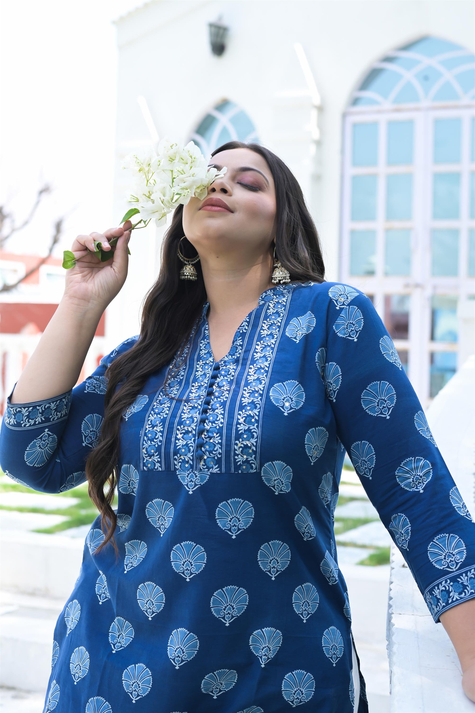 INDIGO HANDBLOCK COTTON STRAIGHT KURTA - Vifa Plus