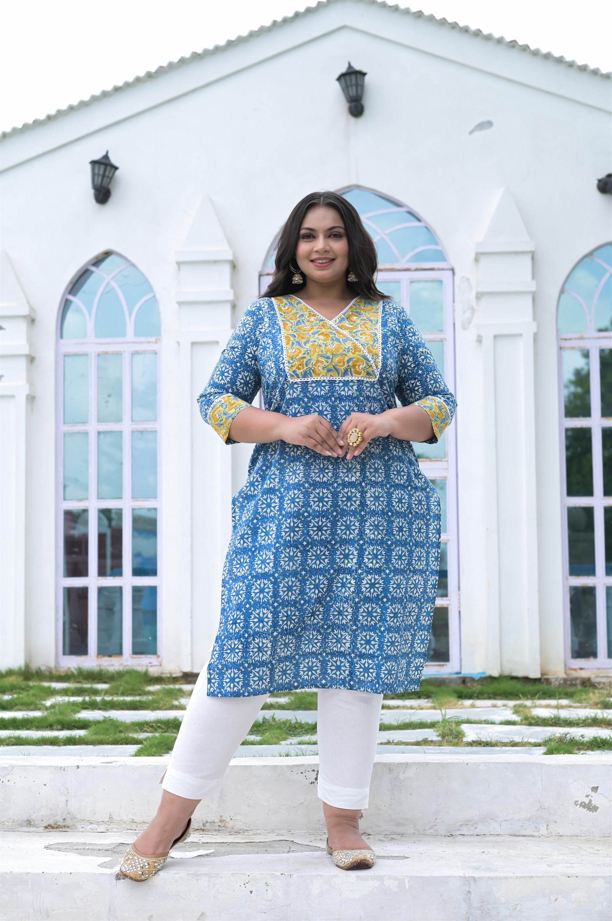 SKYBLUE-YELLOW HANDWORK/HANDBLOCK COTTON STRAIGHT KURTA - Vifa Plus