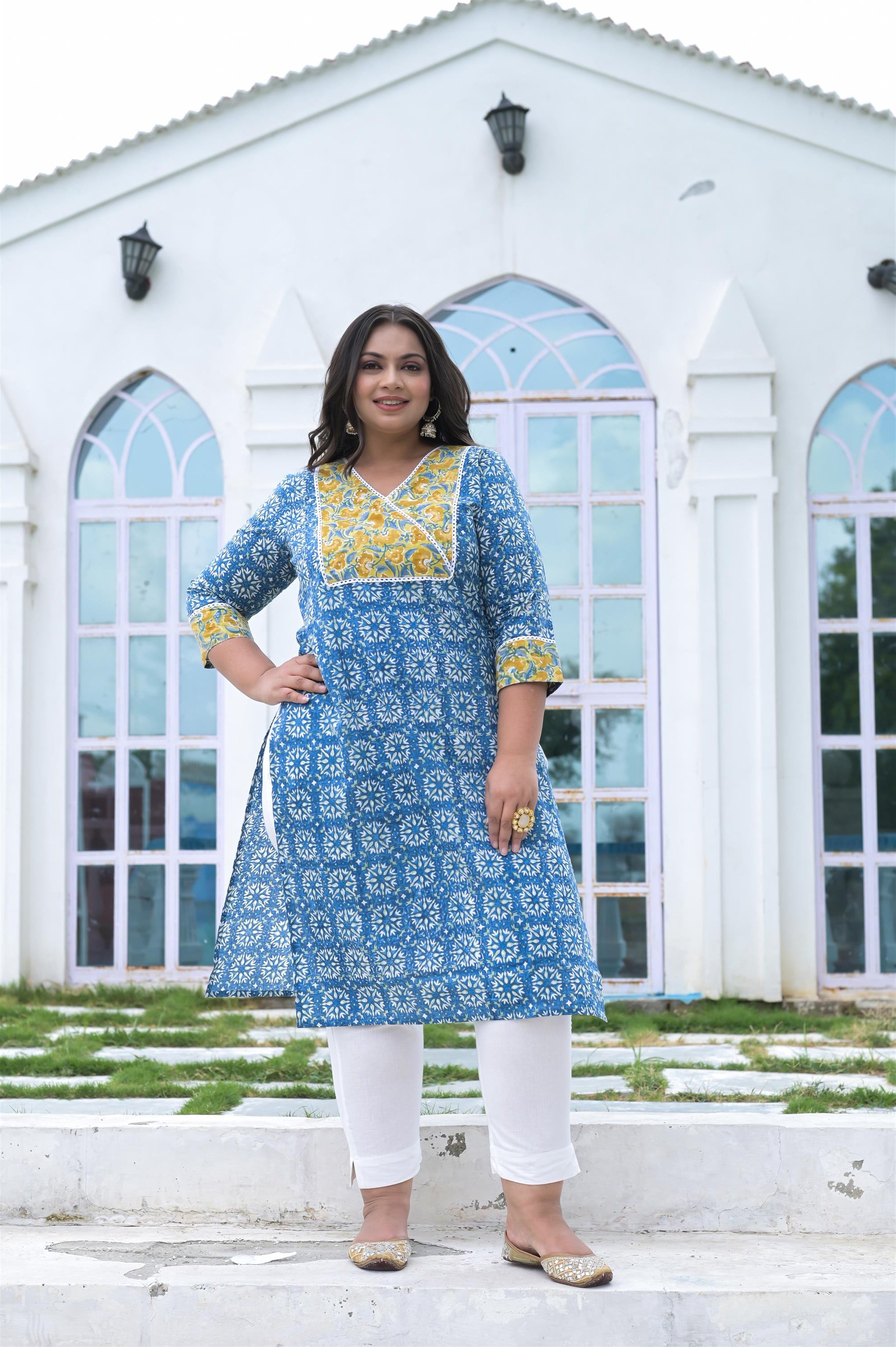 SKYBLUE-YELLOW HANDWORK/HANDBLOCK COTTON STRAIGHT KURTA - Vifa Plus