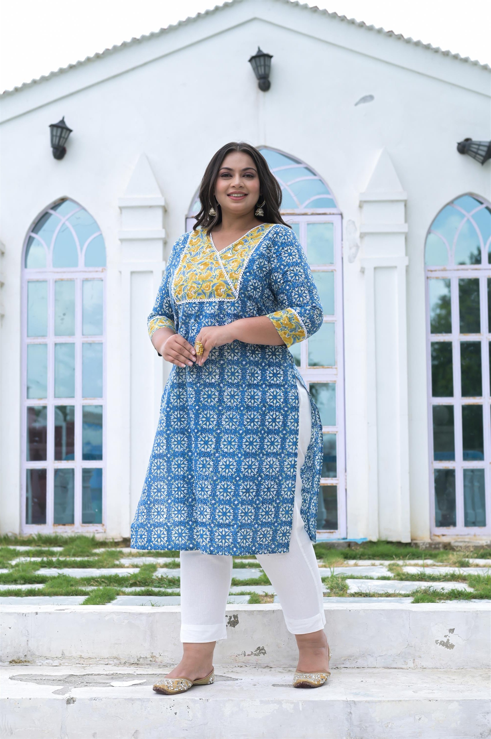 SKYBLUE-YELLOW HANDWORK/HANDBLOCK COTTON STRAIGHT KURTA - Vifa Plus