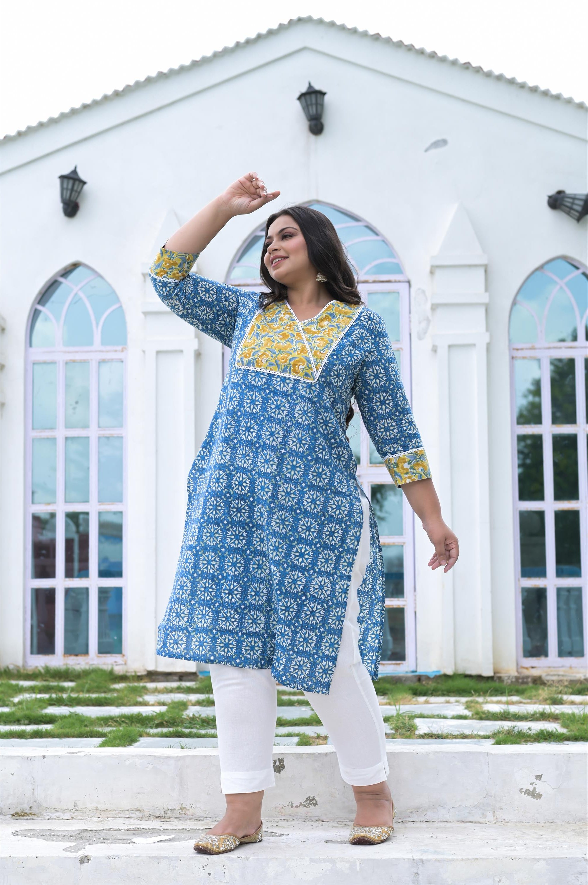 SKYBLUE-YELLOW HANDWORK/HANDBLOCK COTTON STRAIGHT KURTA - Vifa Plus