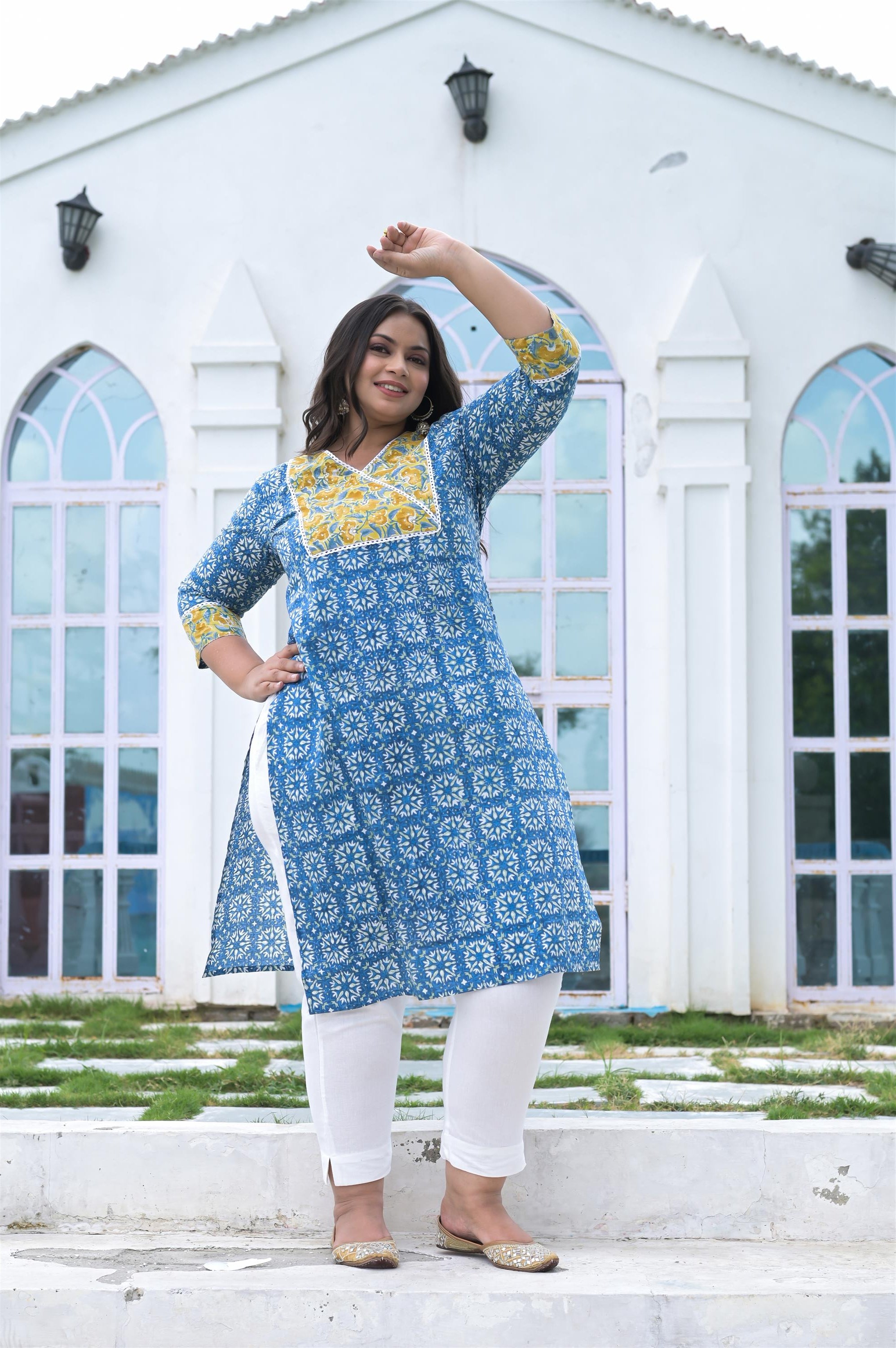 SKYBLUE-YELLOW HANDWORK/HANDBLOCK COTTON STRAIGHT KURTA - Vifa Plus