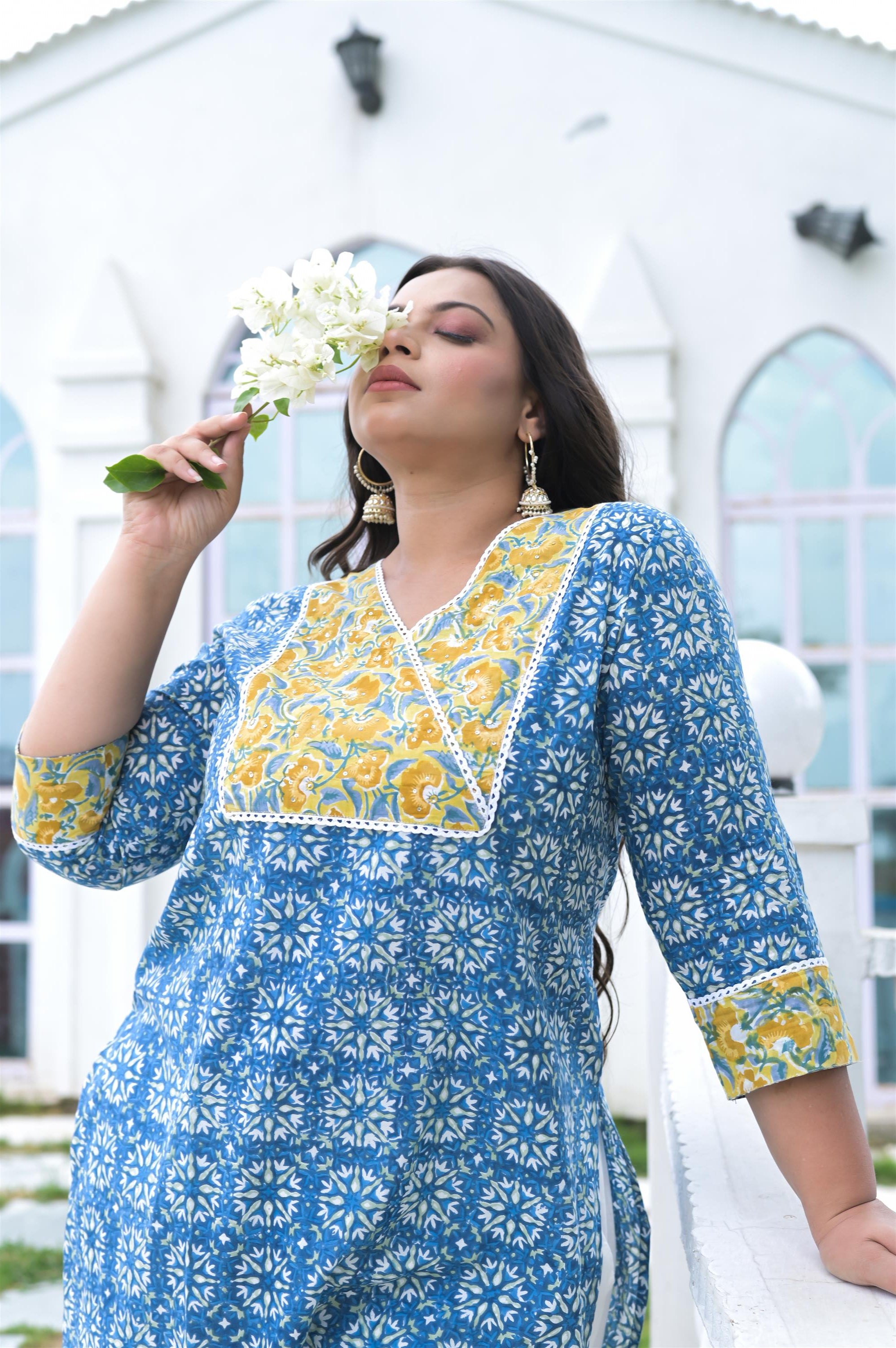 SKYBLUE-YELLOW HANDWORK/HANDBLOCK COTTON STRAIGHT KURTA - Vifa Plus