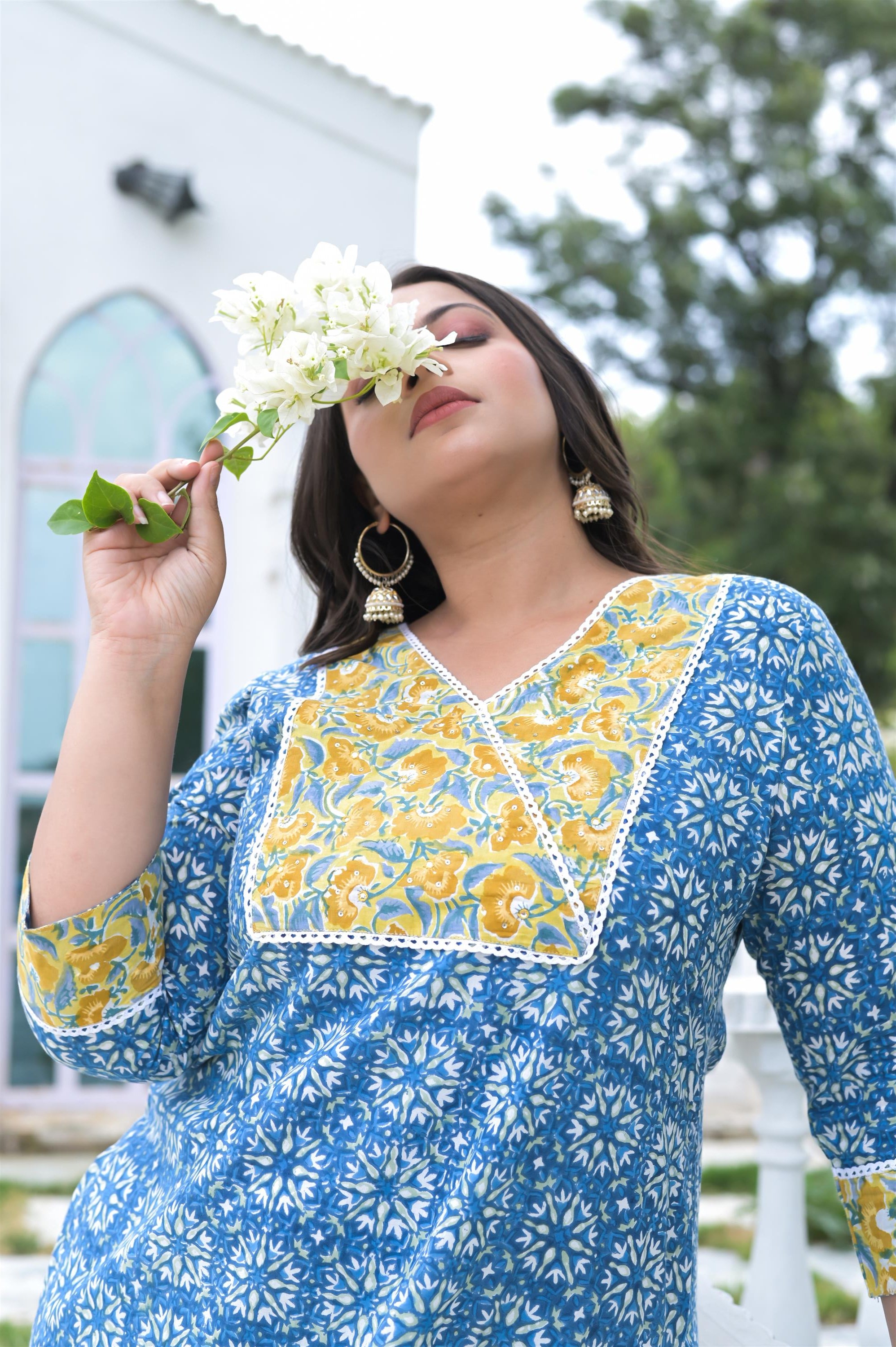 SKYBLUE-YELLOW HANDWORK/HANDBLOCK COTTON STRAIGHT KURTA - Vifa Plus