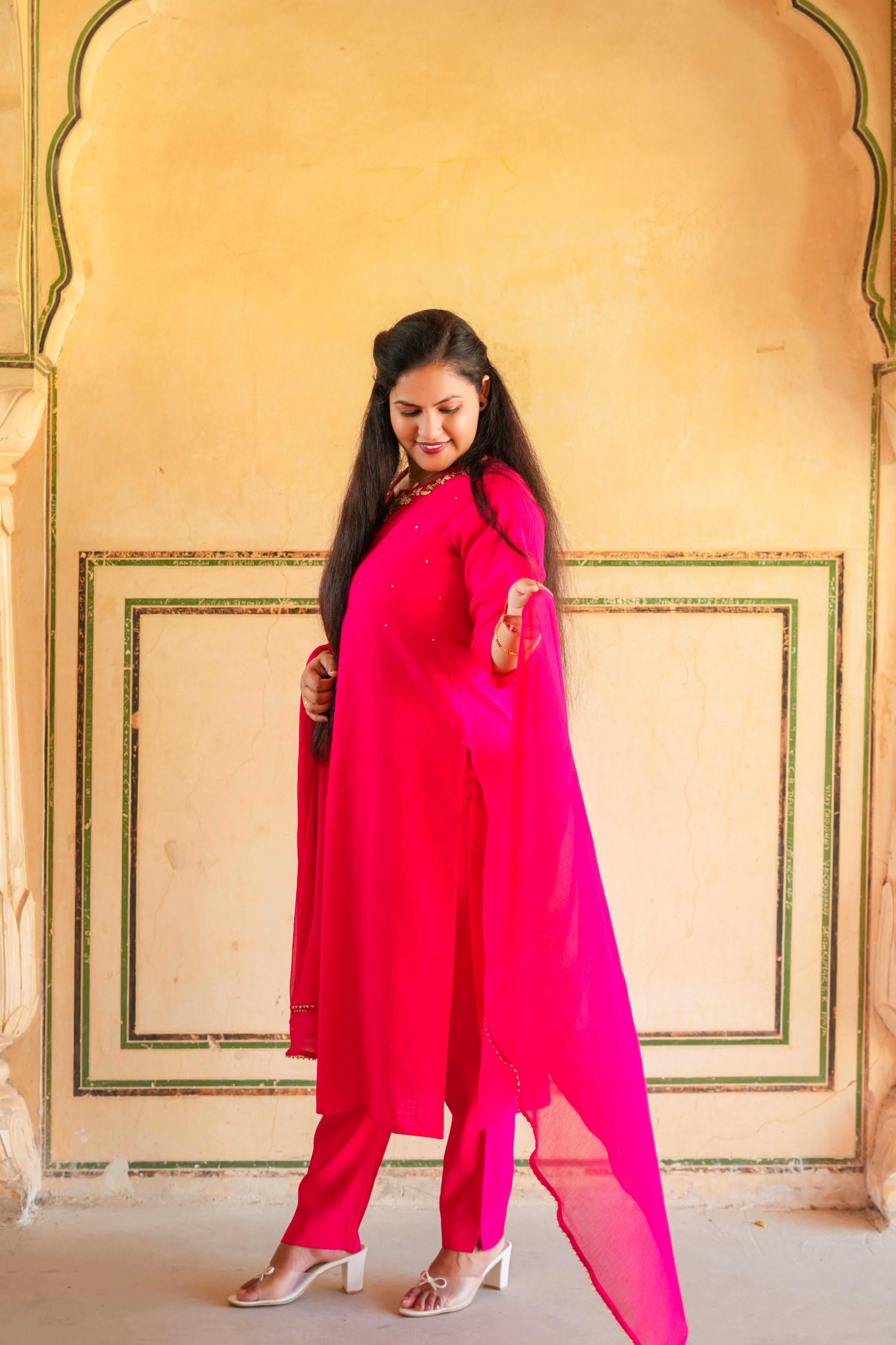 Rani Pink Embroidered Chanderi Silk Kurta-Pant Set with Chiffon Dupatta