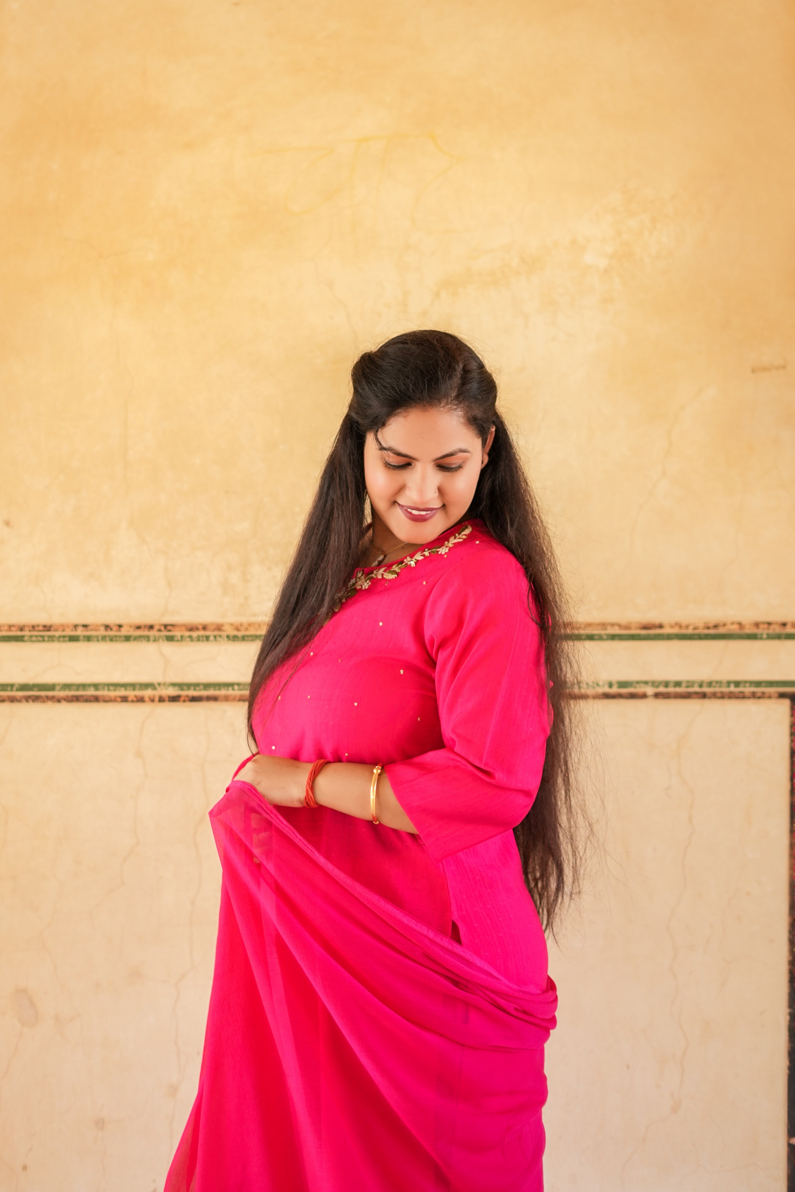 Rani Pink Embroidered Chanderi Silk Kurta-Pant Set with Chiffon Dupatta