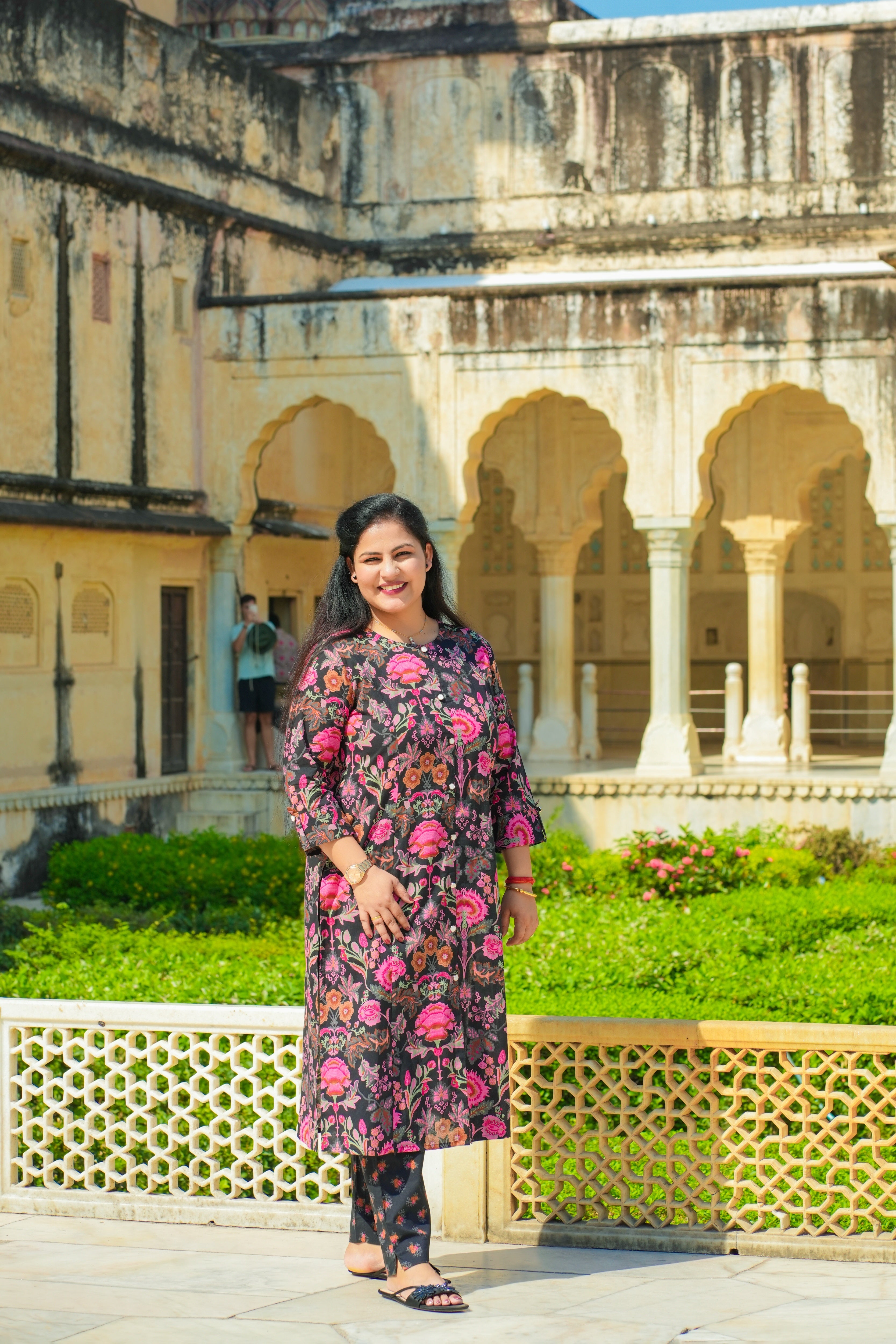 Plus Size Black-Pink Floral A-Line Cotton Kurta-Pant Set