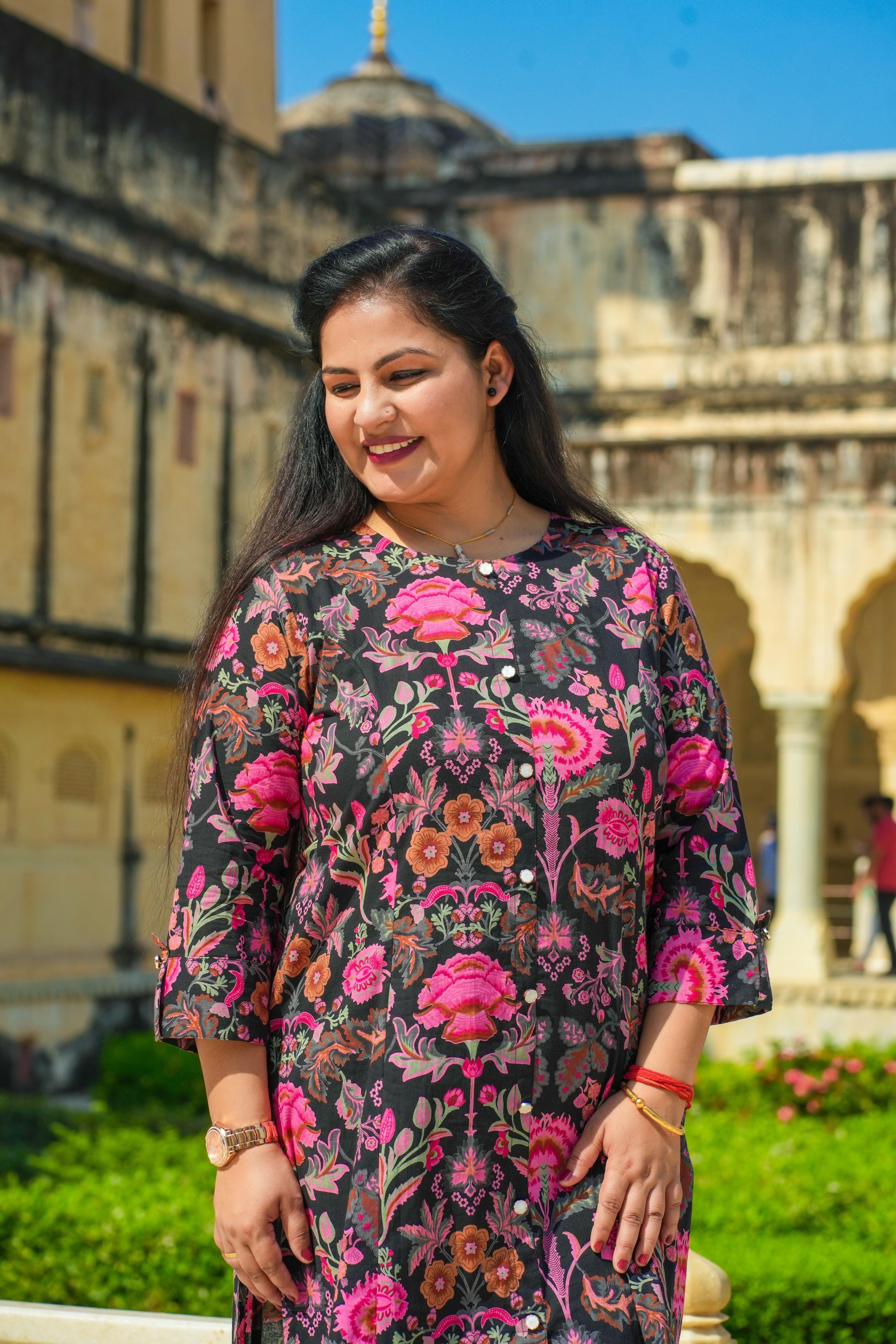 Plus Size Black-Pink Floral A-Line Cotton Kurta-Pant Set