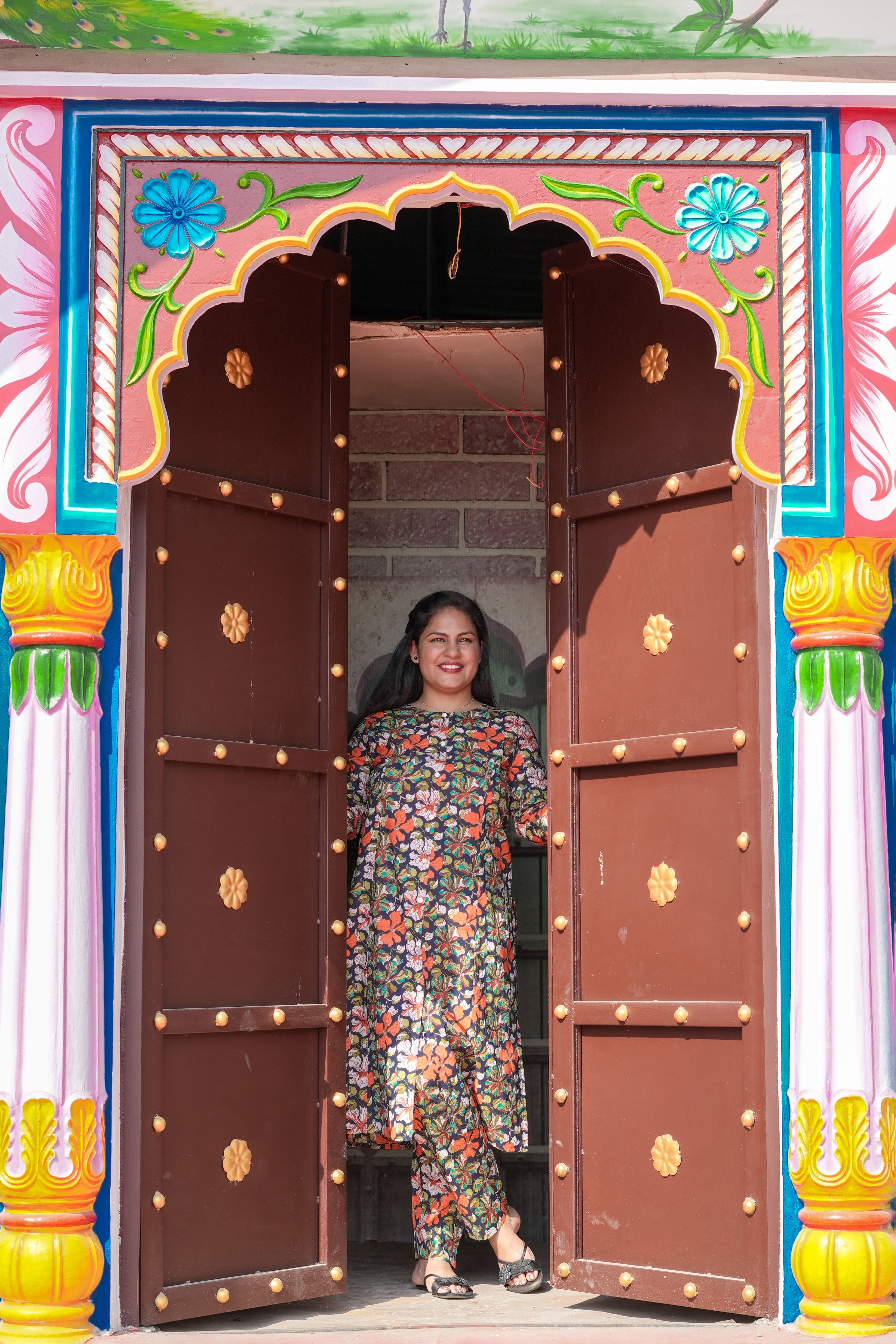 Plus Size Blue-Orange Floral A-Line Cotton Kurta-Pant Set