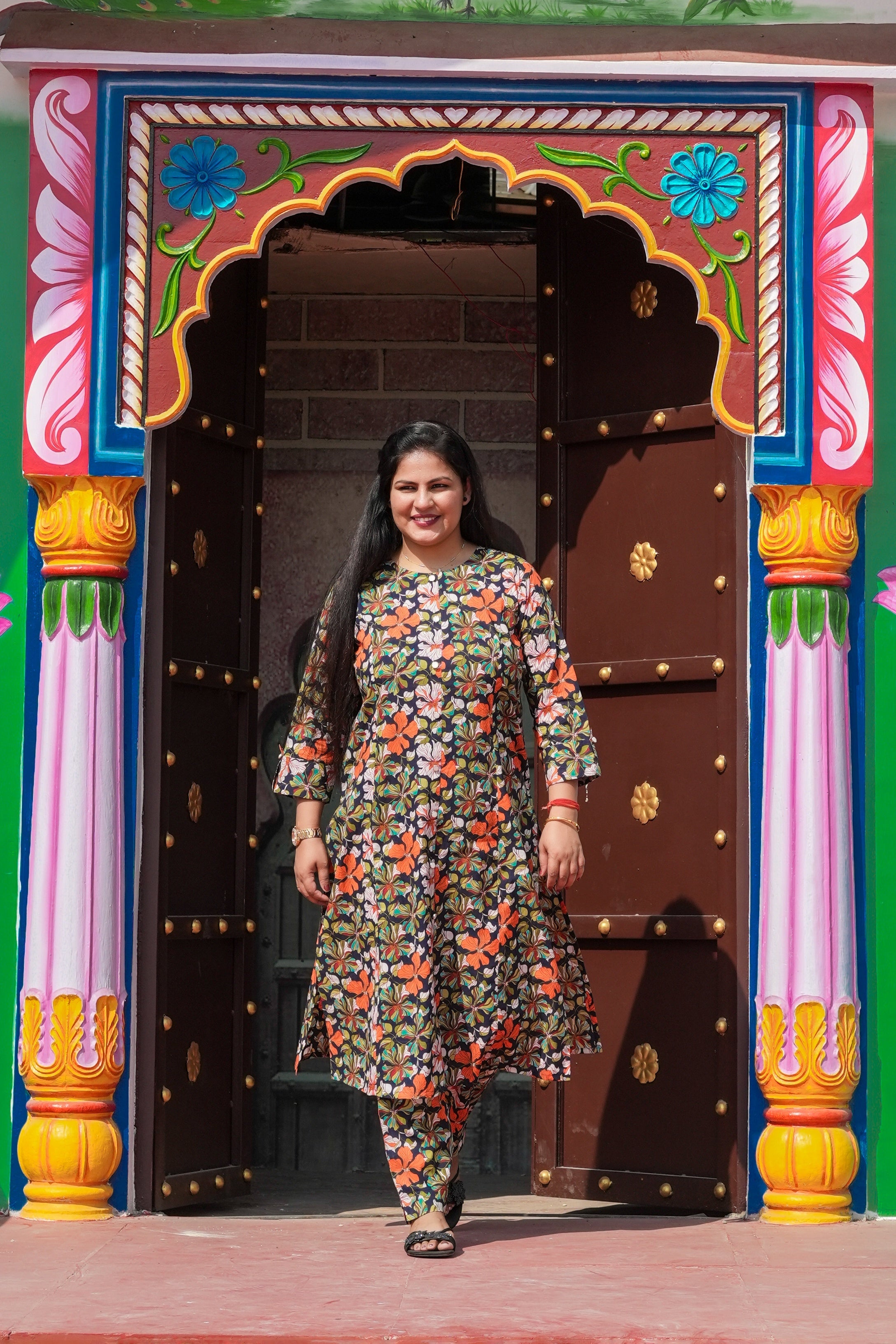 Plus Size Blue-Orange Floral A-Line Cotton Kurta-Pant Set