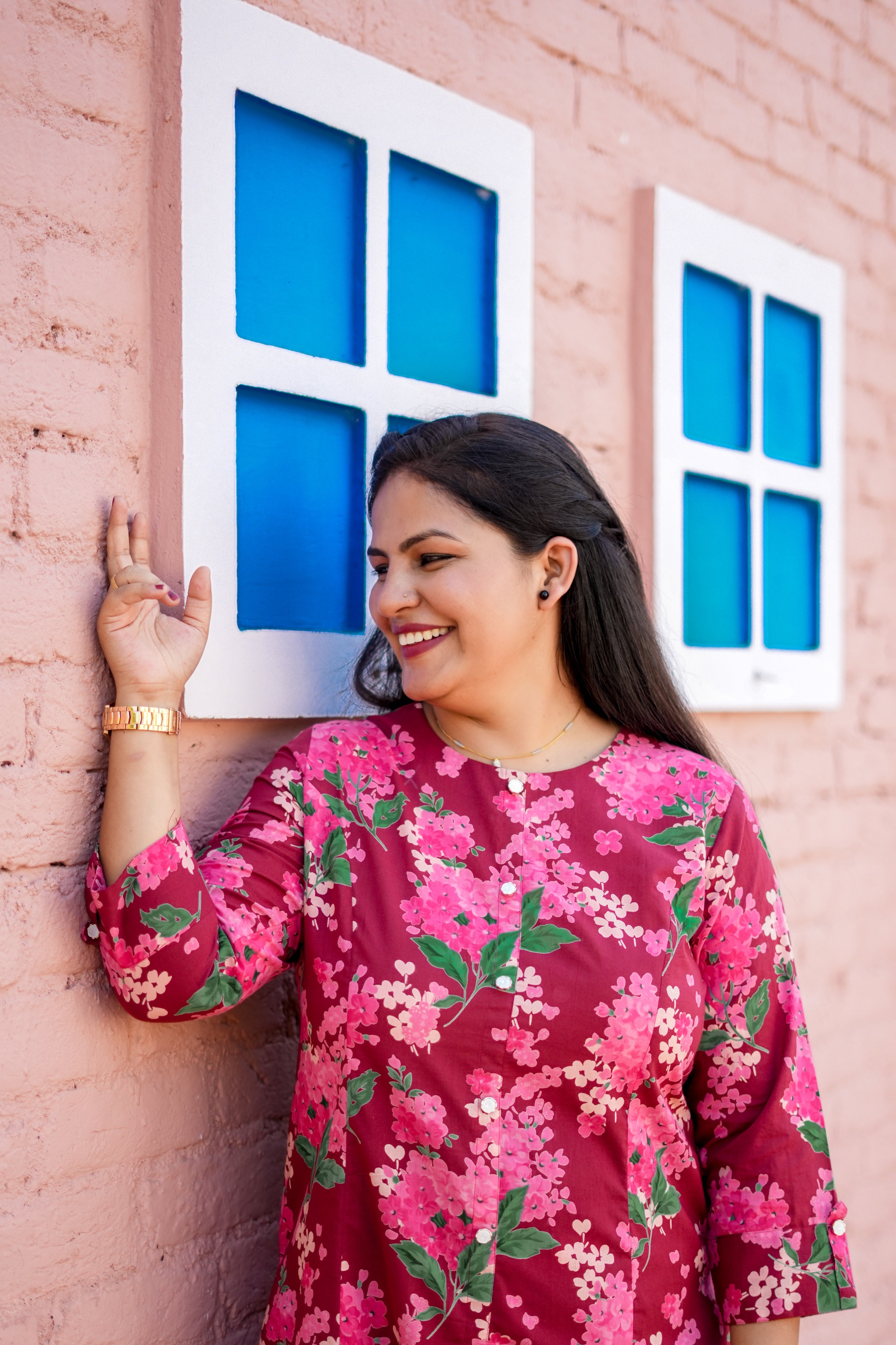 Plus Size Maroon Floral A-Line Cotton Kurta-Pant Set