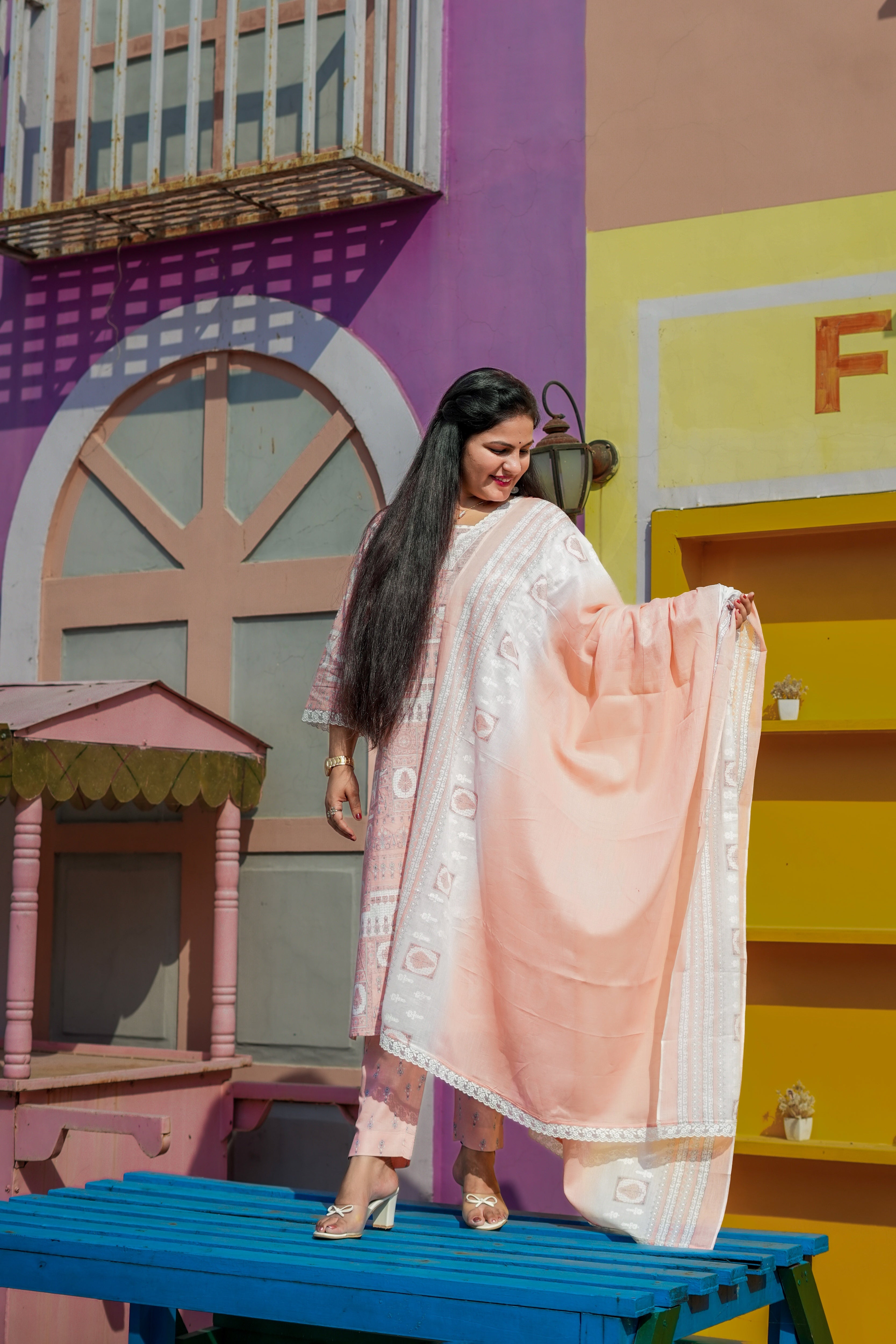 Peach Cotton Kurta-Pant Set with Cotton Dupatta