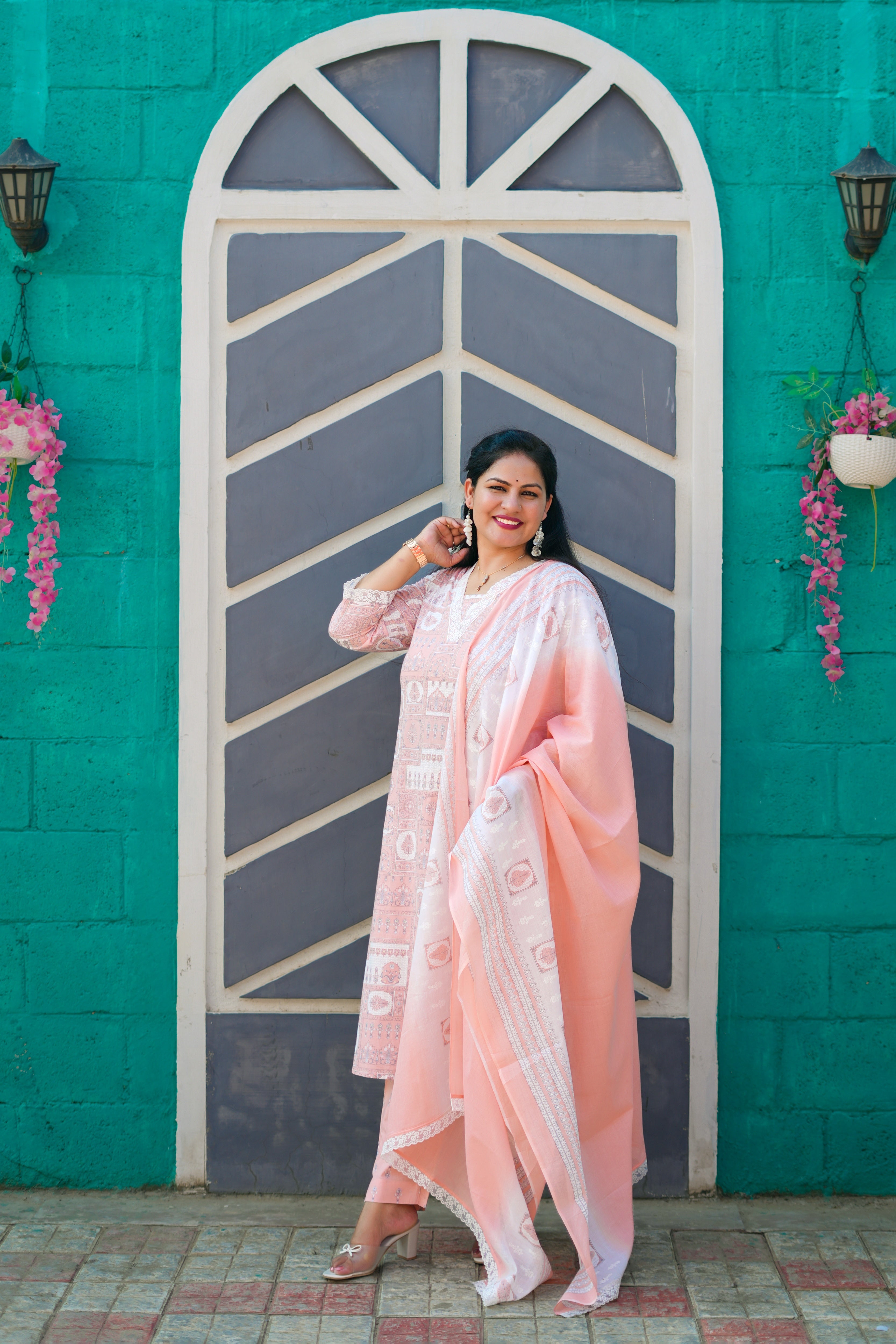 Peach Cotton Kurta-Pant Set with Cotton Dupatta