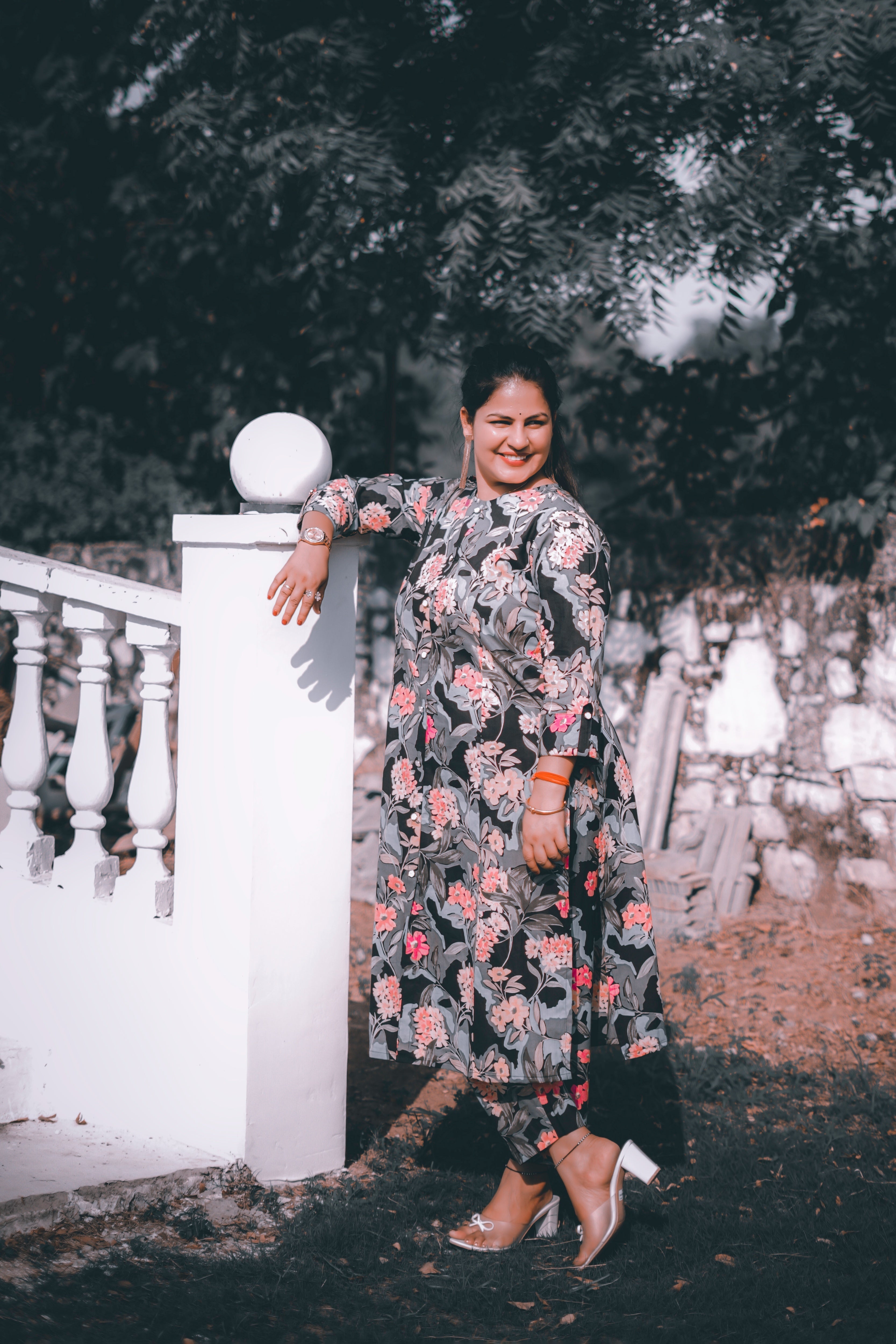 Plus Size Black-Gray Floral A-Line Cotton Kurta-Pant Set