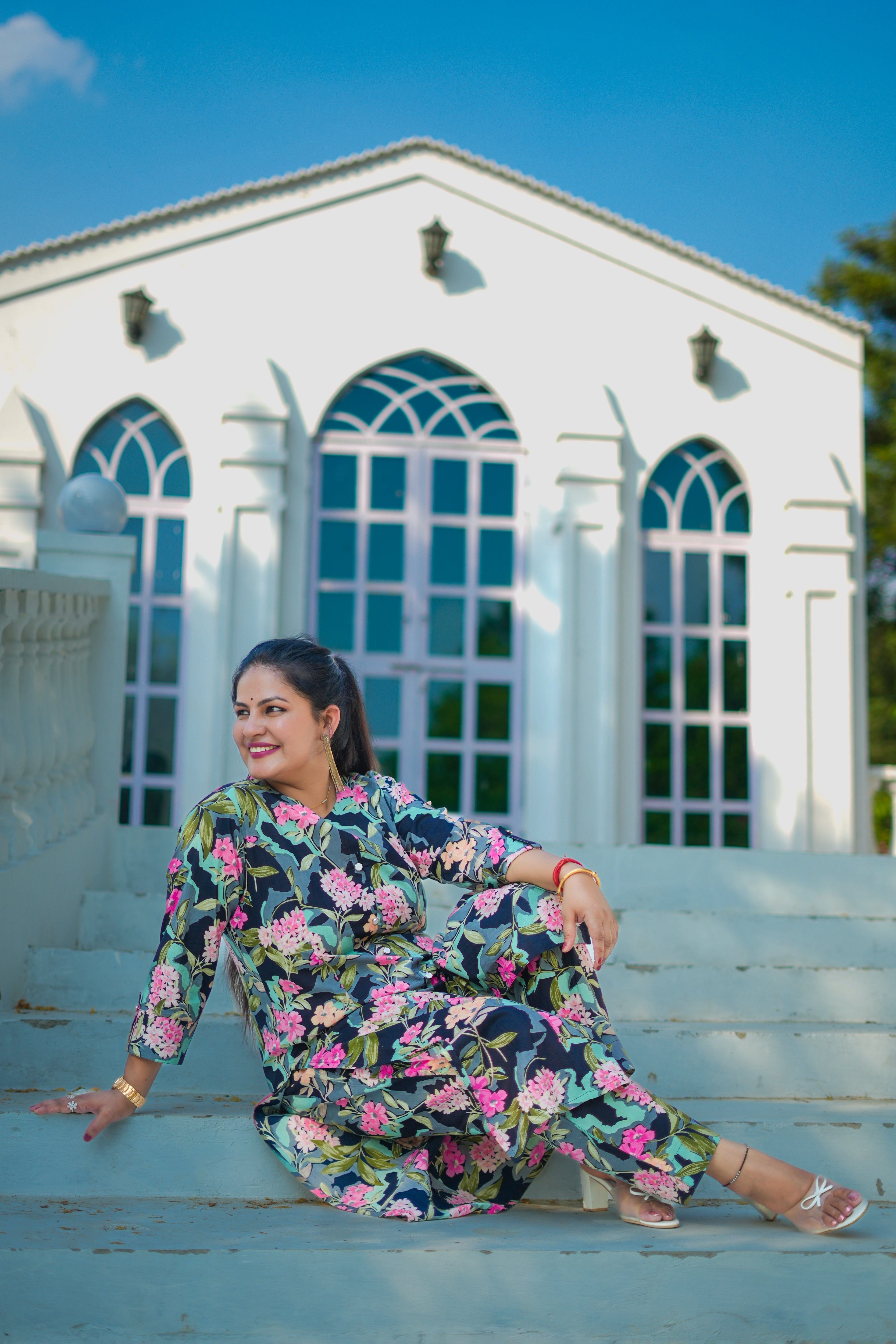 Plus Size Black-Gray Floral A-Line Cotton Kurta-Pant Set