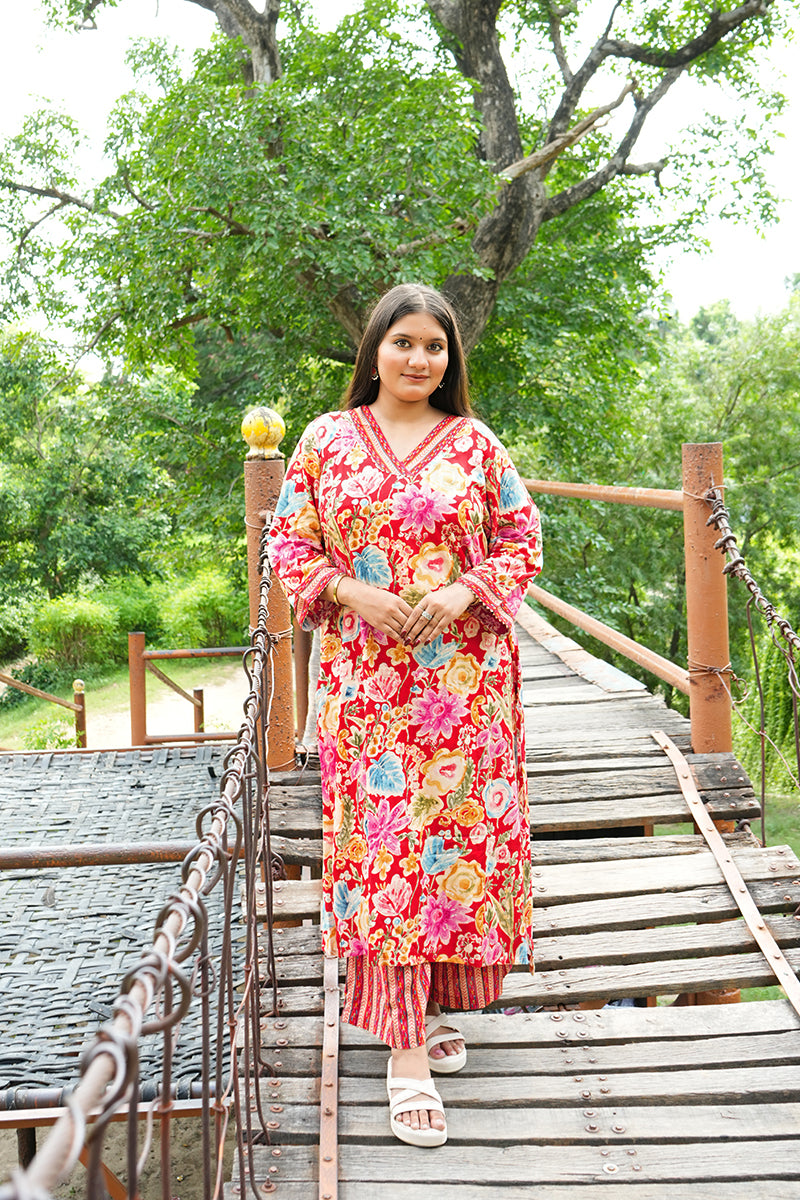 Plus Size Red Floral Printed Rayon Kurta-Pant