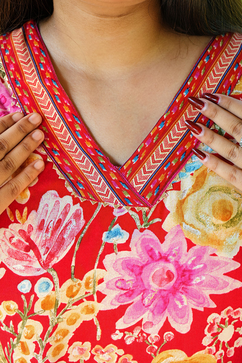 Plus Size Red Floral Printed Rayon Kurta-Pant