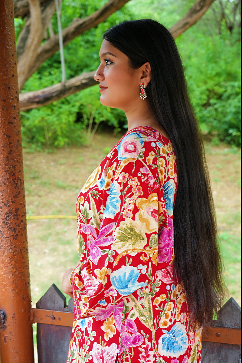 Plus Size Red Floral Printed Rayon Kurta-Pant