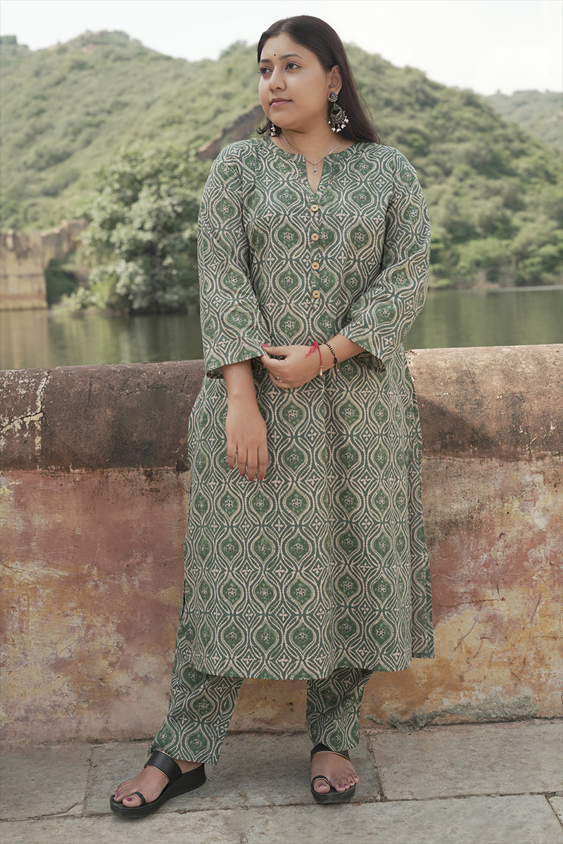 Plus size Mehendi green abstract printed kurta pant