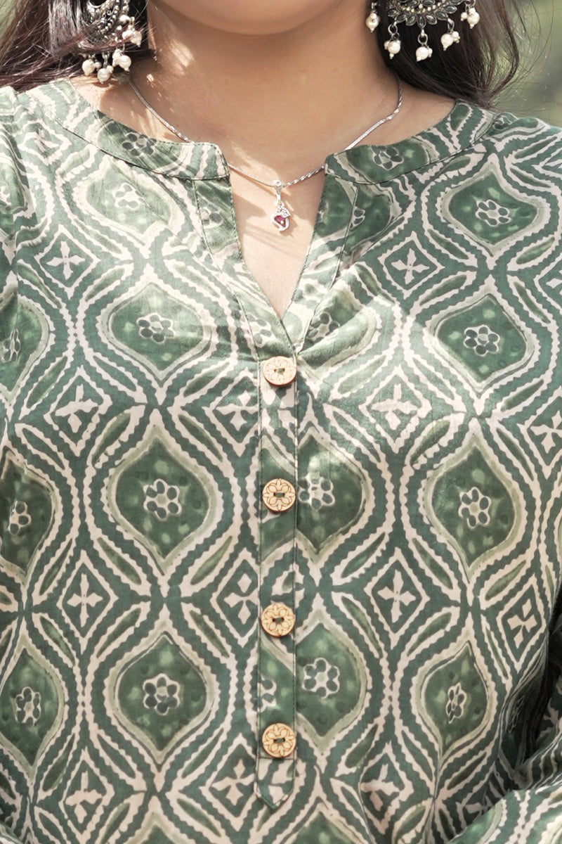 Plus size Mehendi green abstract printed kurta pant