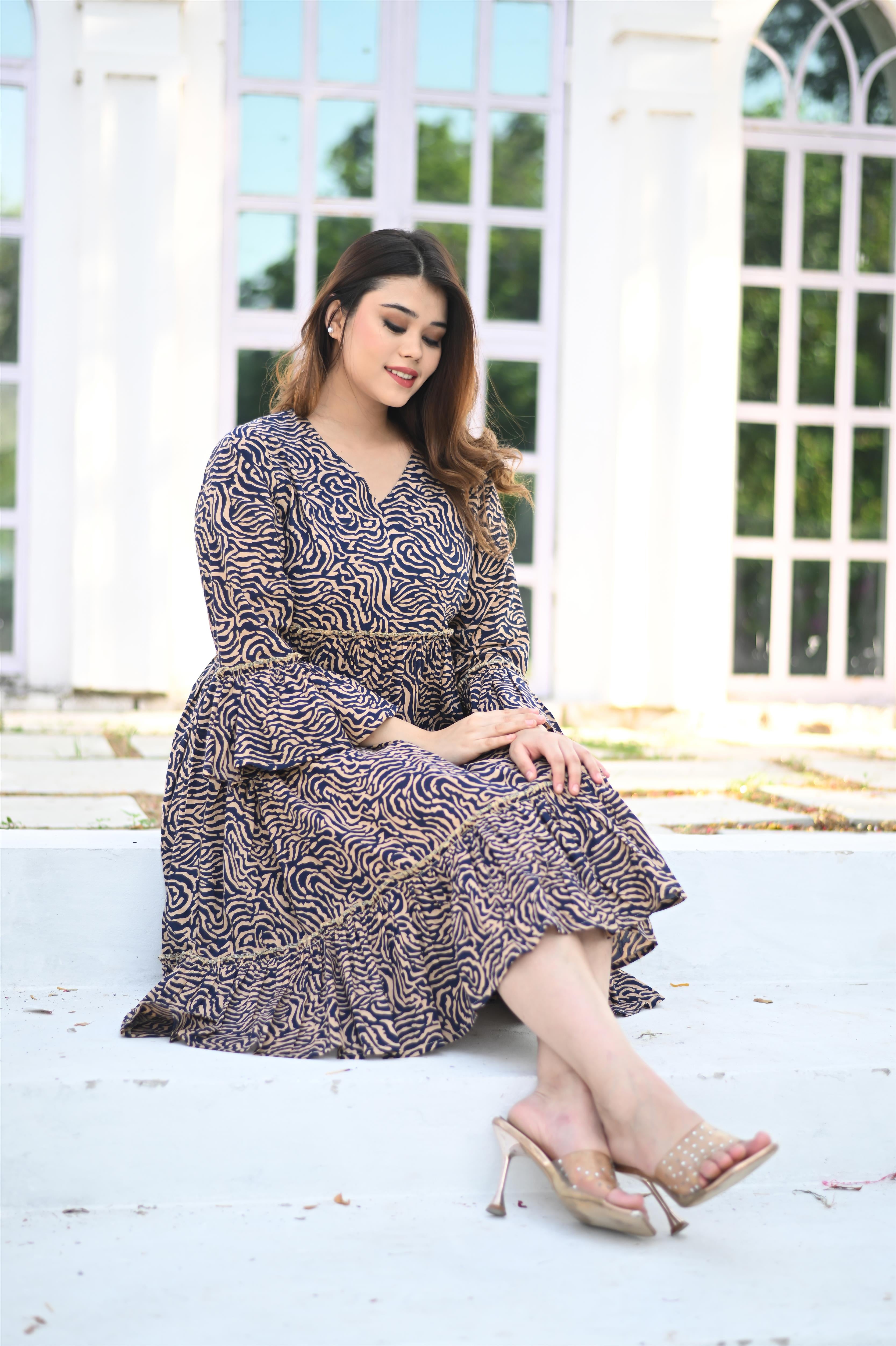 Plus Size Navy Blue Cotton Midi Dress