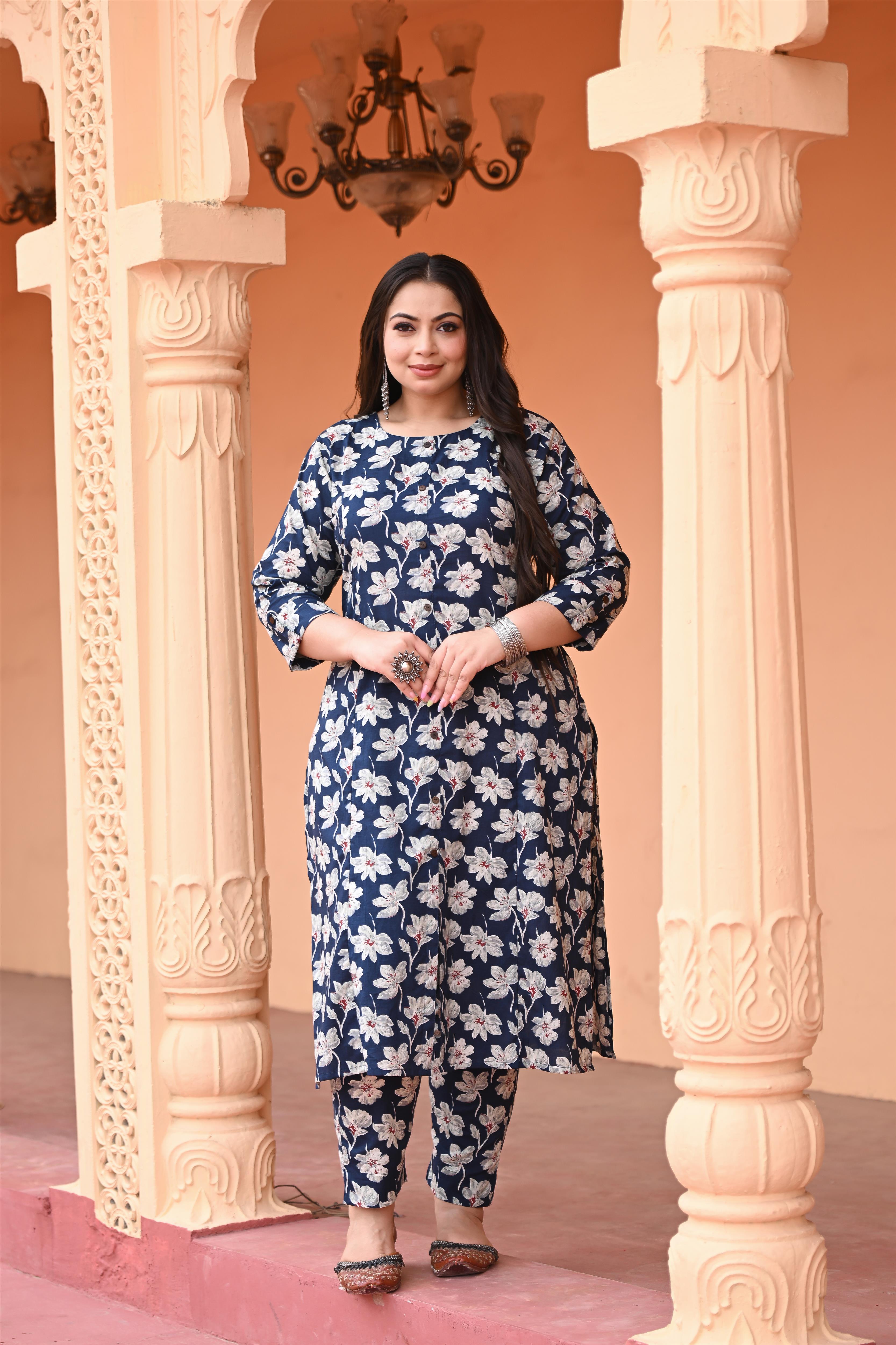 Plus Size  Blue Floral Printed Cotton Straight Kurta with Pant