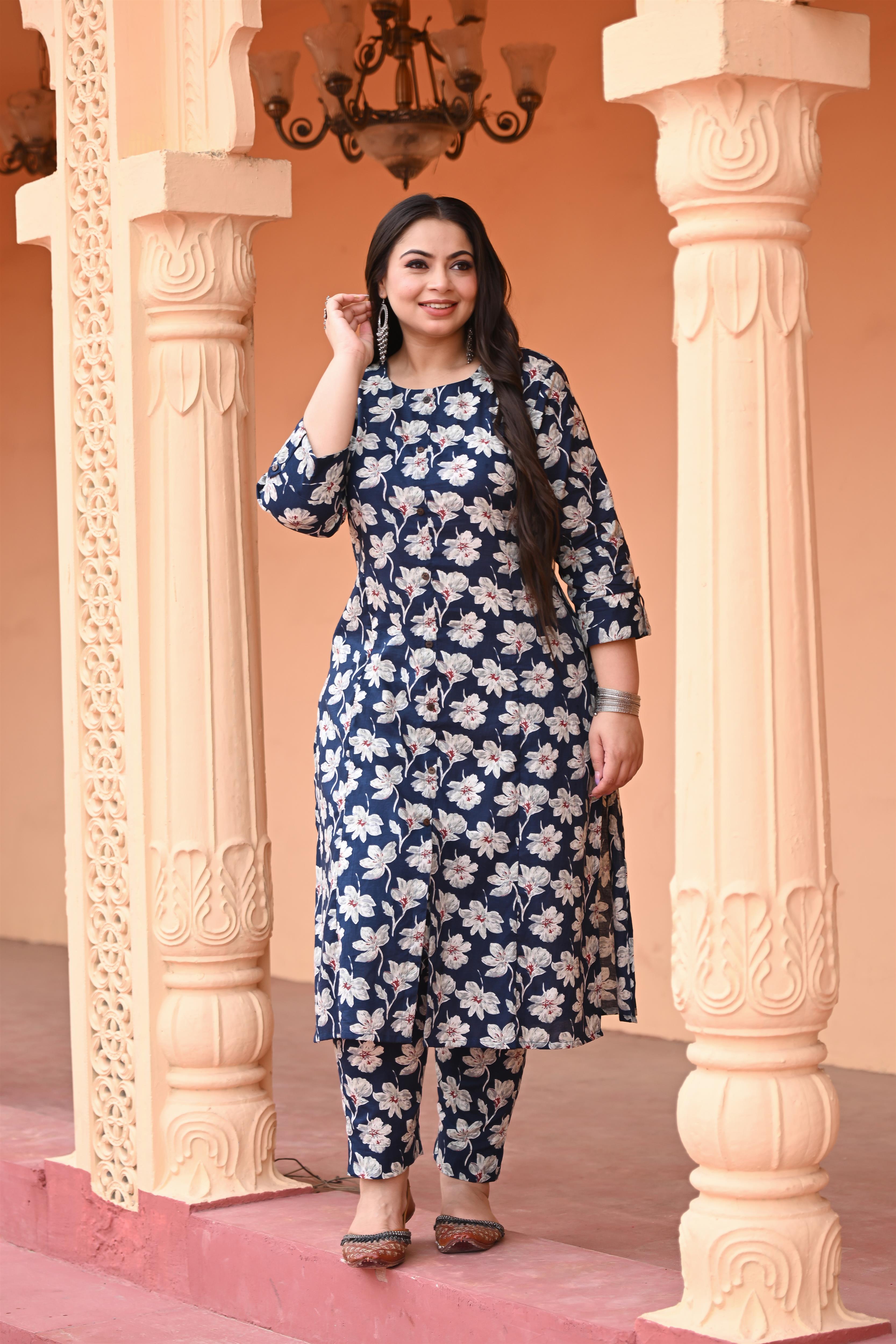 Plus Size  Blue Floral Printed Cotton Straight Kurta with Pant