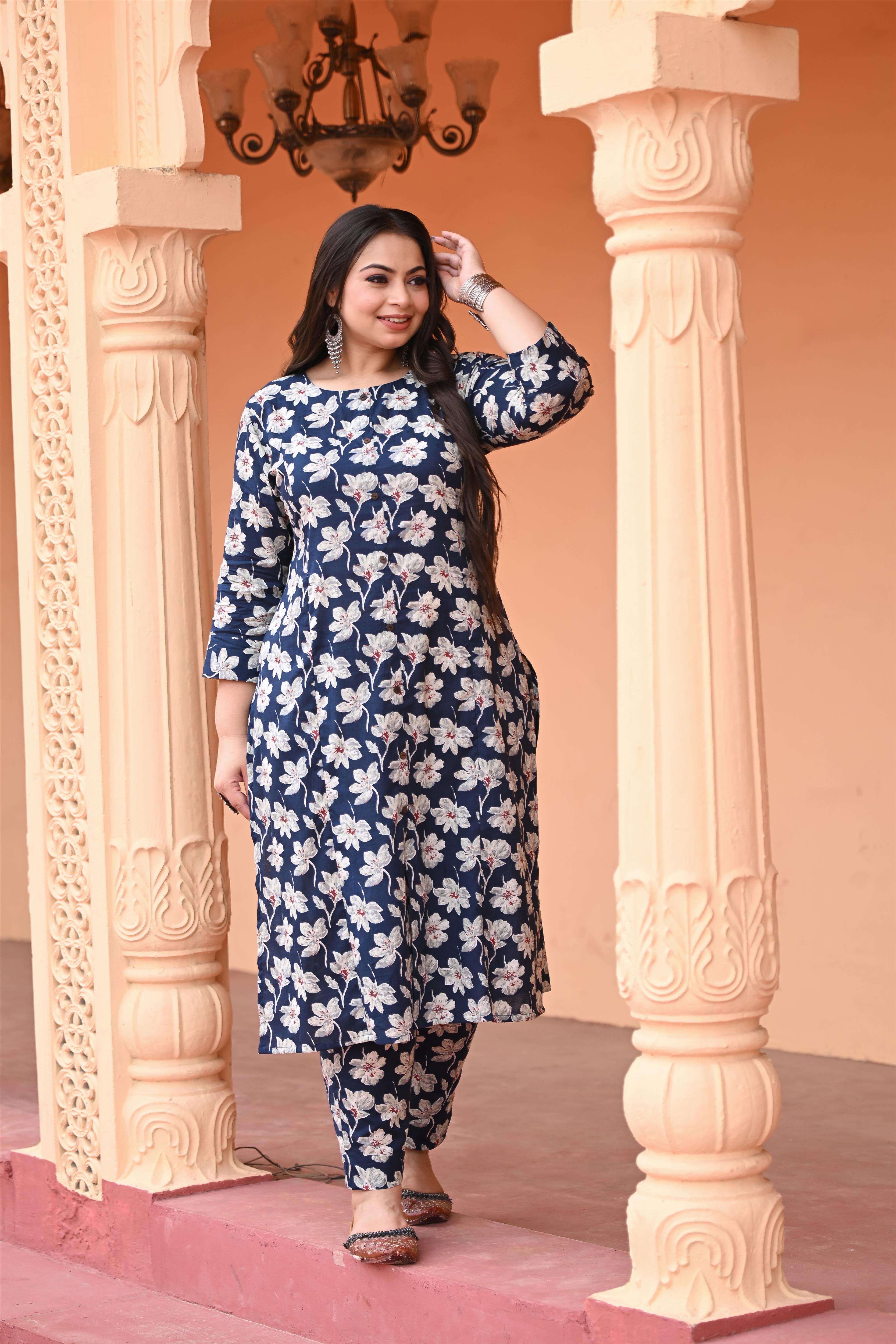 Plus Size  Blue Floral Printed Cotton Straight Kurta with Pant