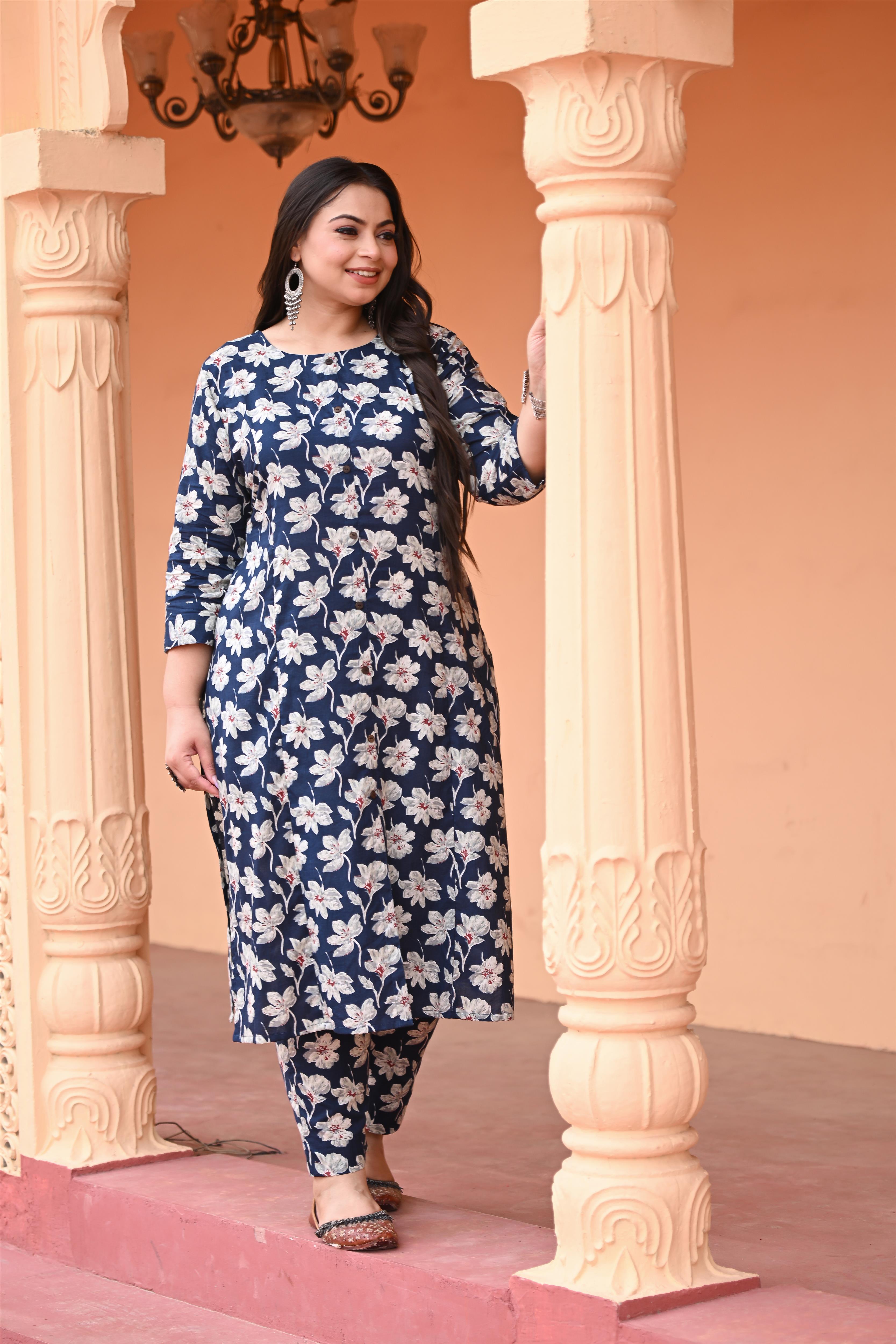Plus Size  Blue Floral Printed Cotton Straight Kurta with Pant