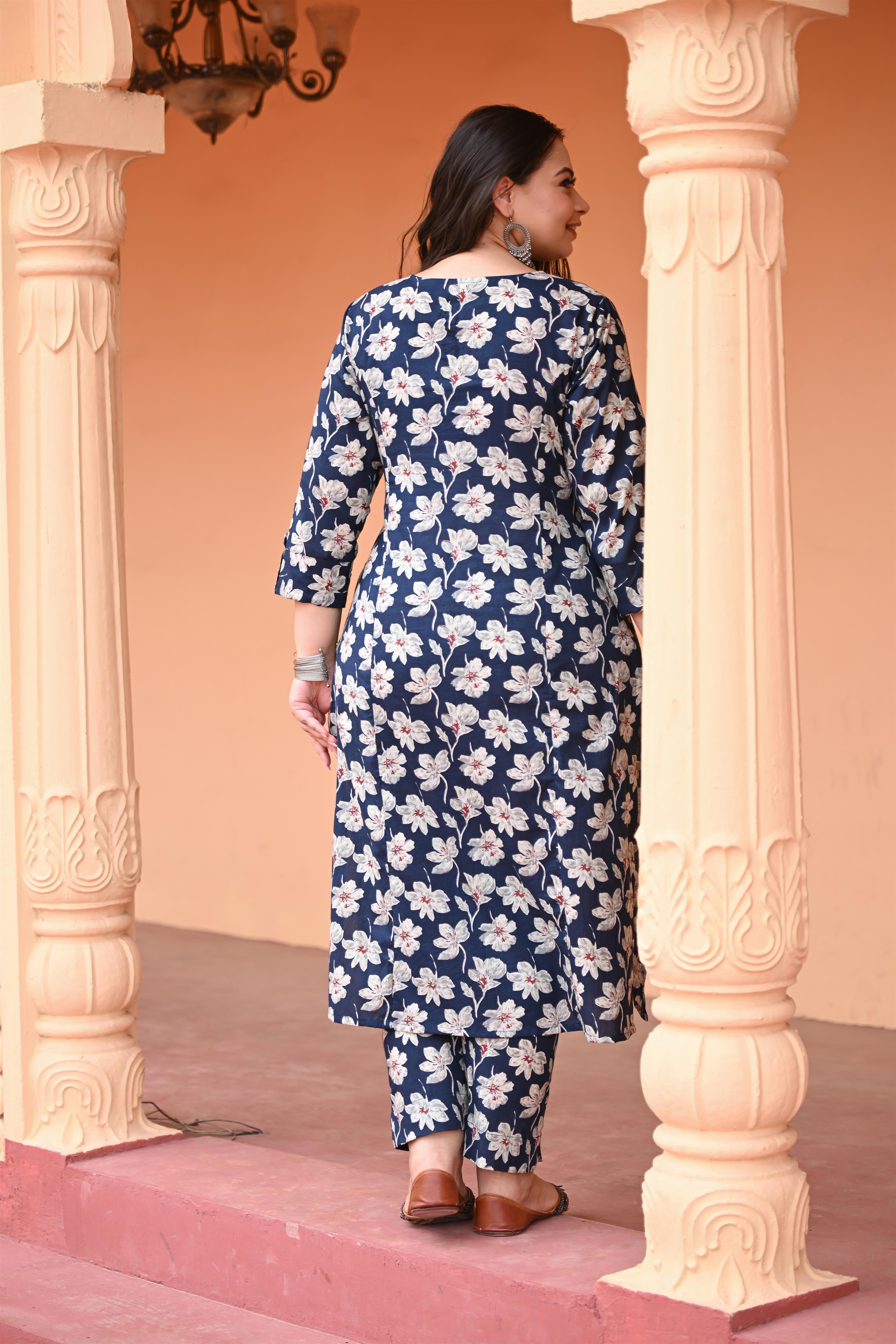 Plus Size  Blue Floral Printed Cotton Straight Kurta with Pant