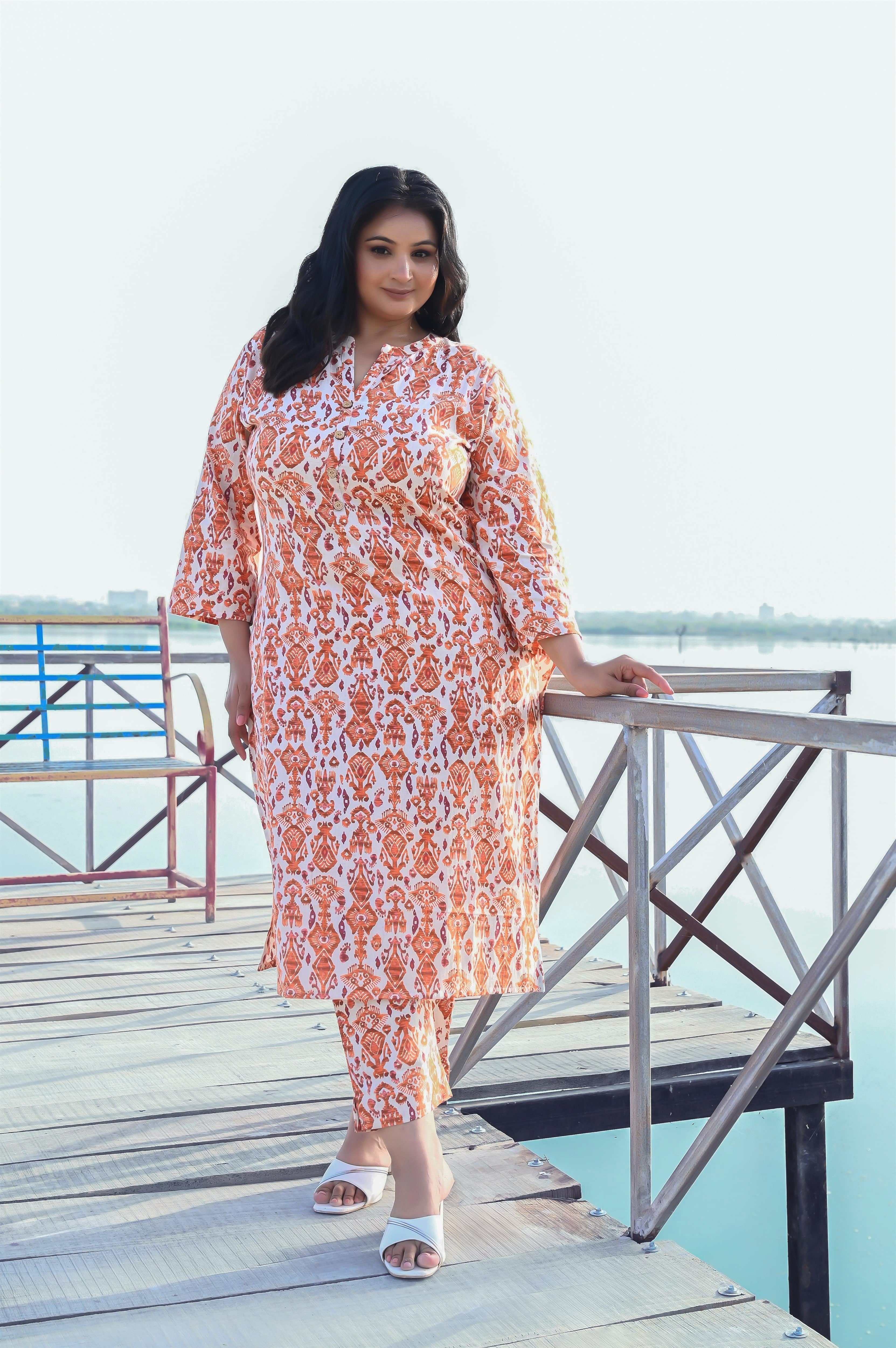 Orange Off White Ikat Cotton Flex Kurta Pant