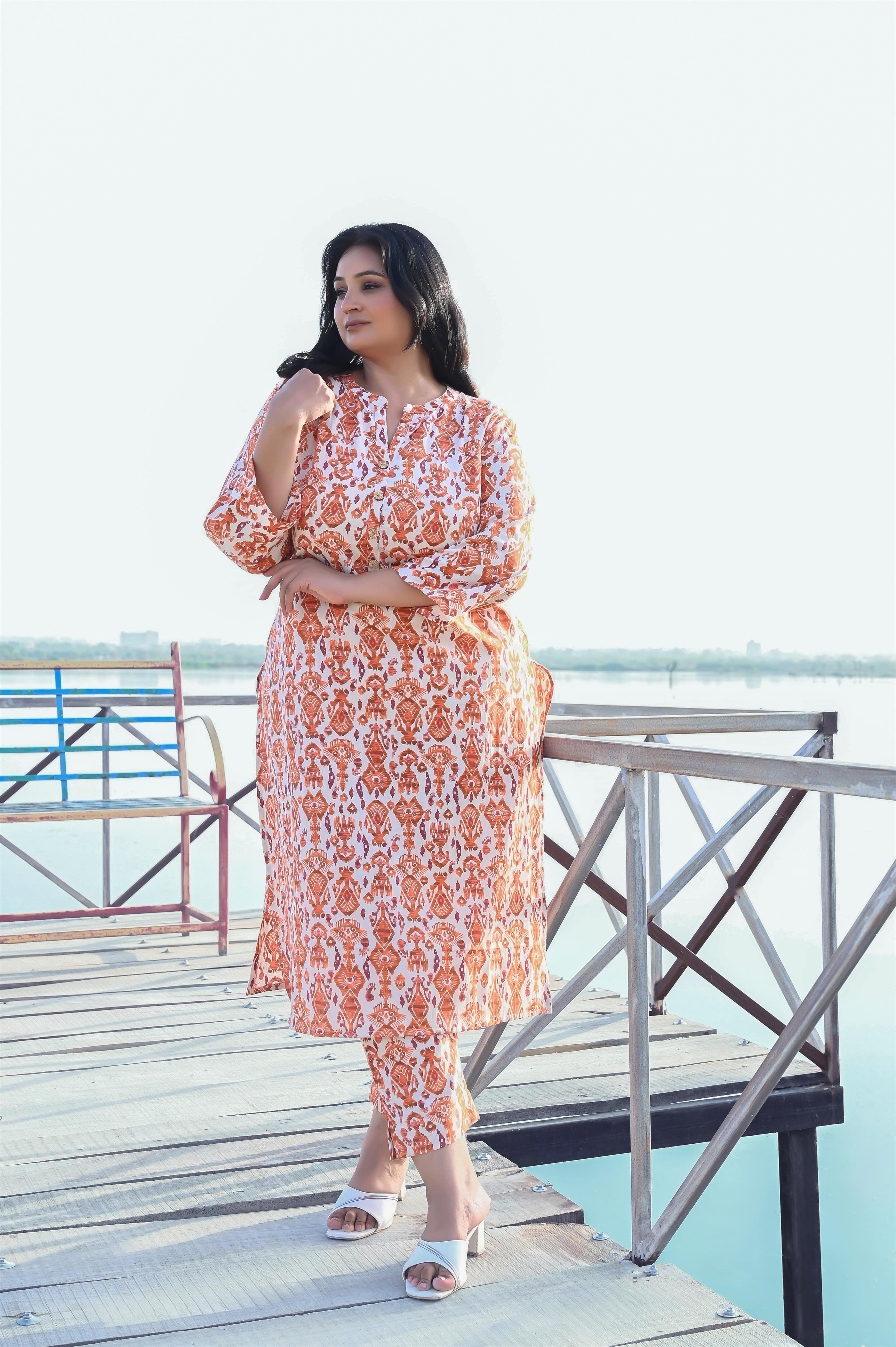 Orange Off White Ikat Cotton Flex Kurta Pant