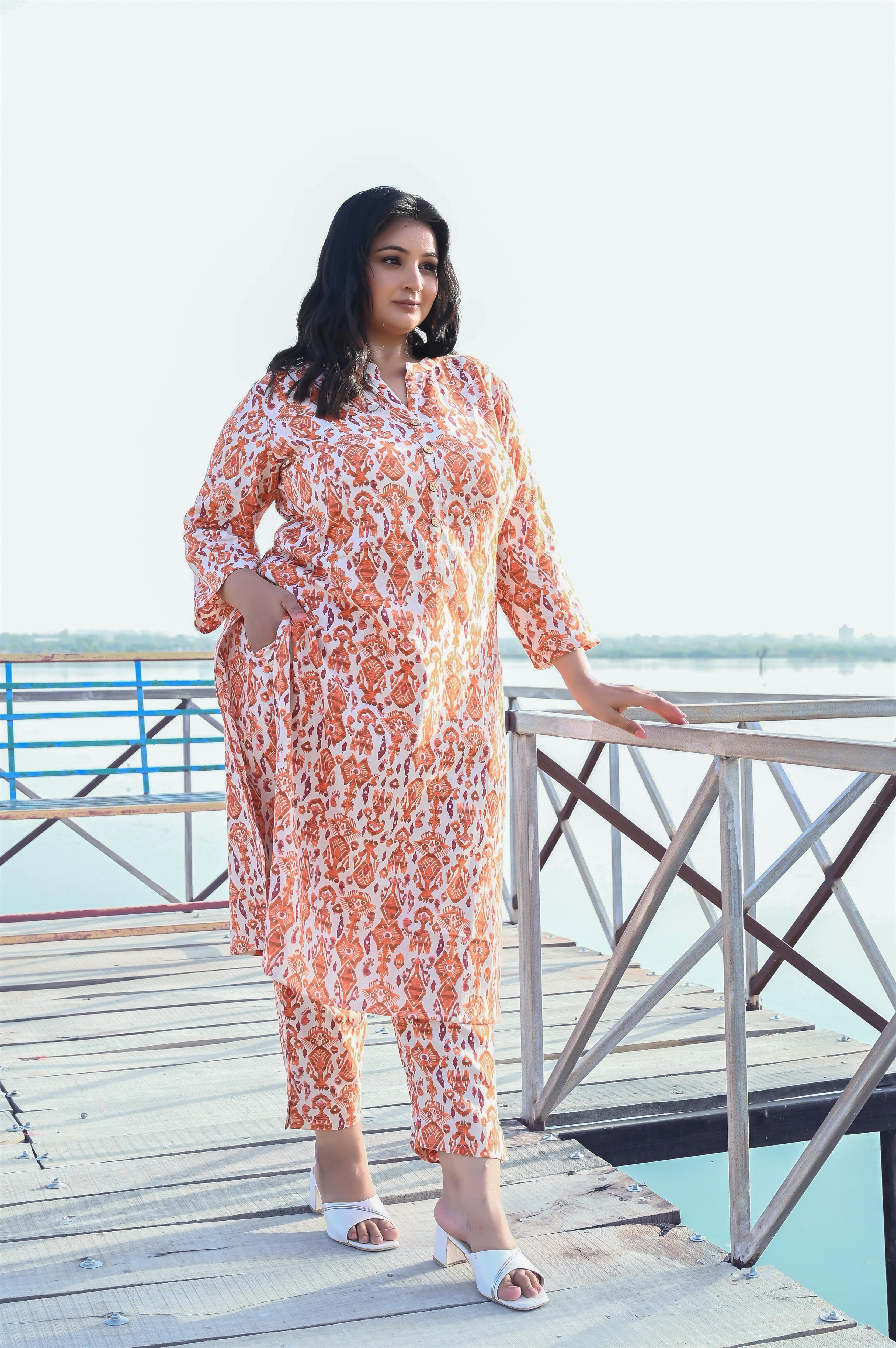 Orange Off White Ikat Cotton Flex Kurta Pant