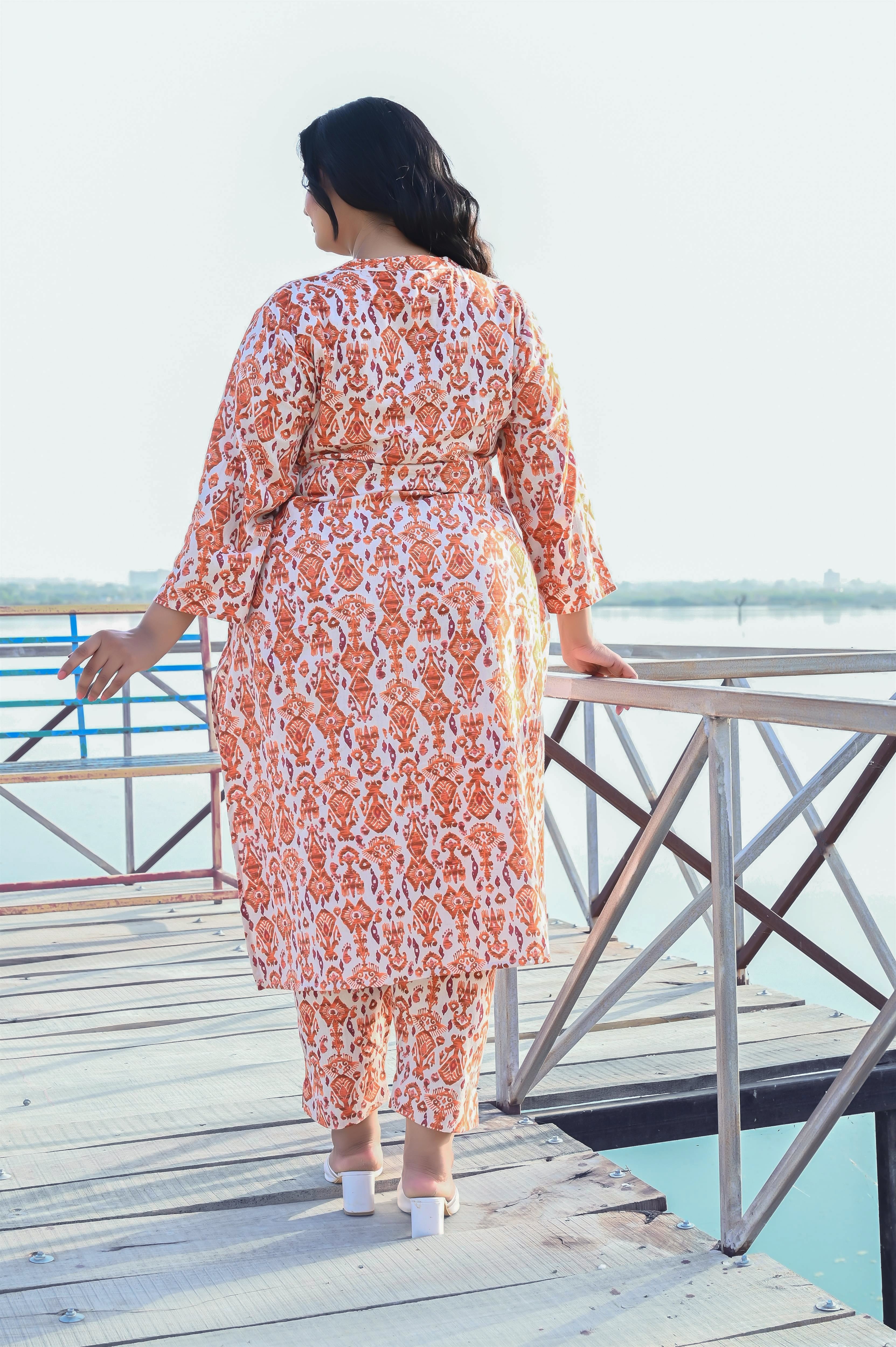 Orange Off White Ikat Cotton Flex Kurta Pant