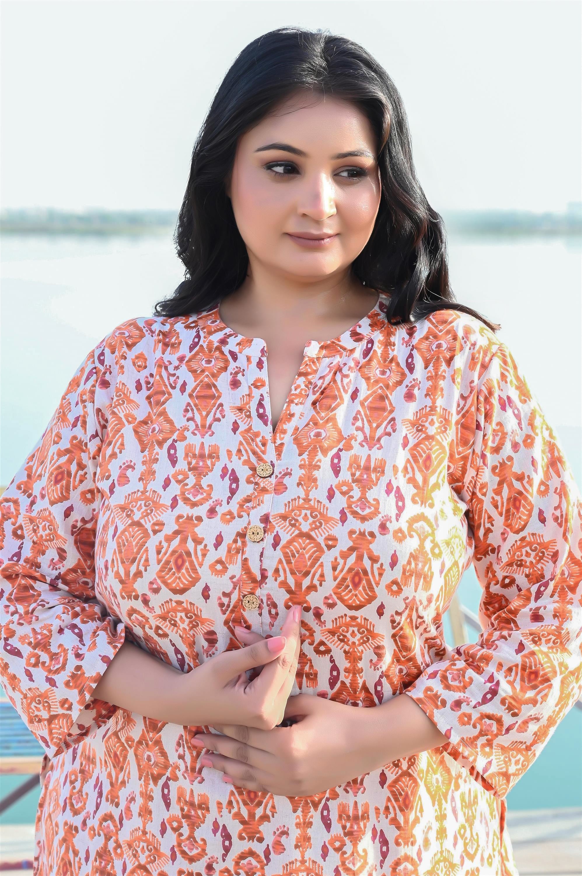 Orange Off White Ikat Cotton Flex Kurta Pant