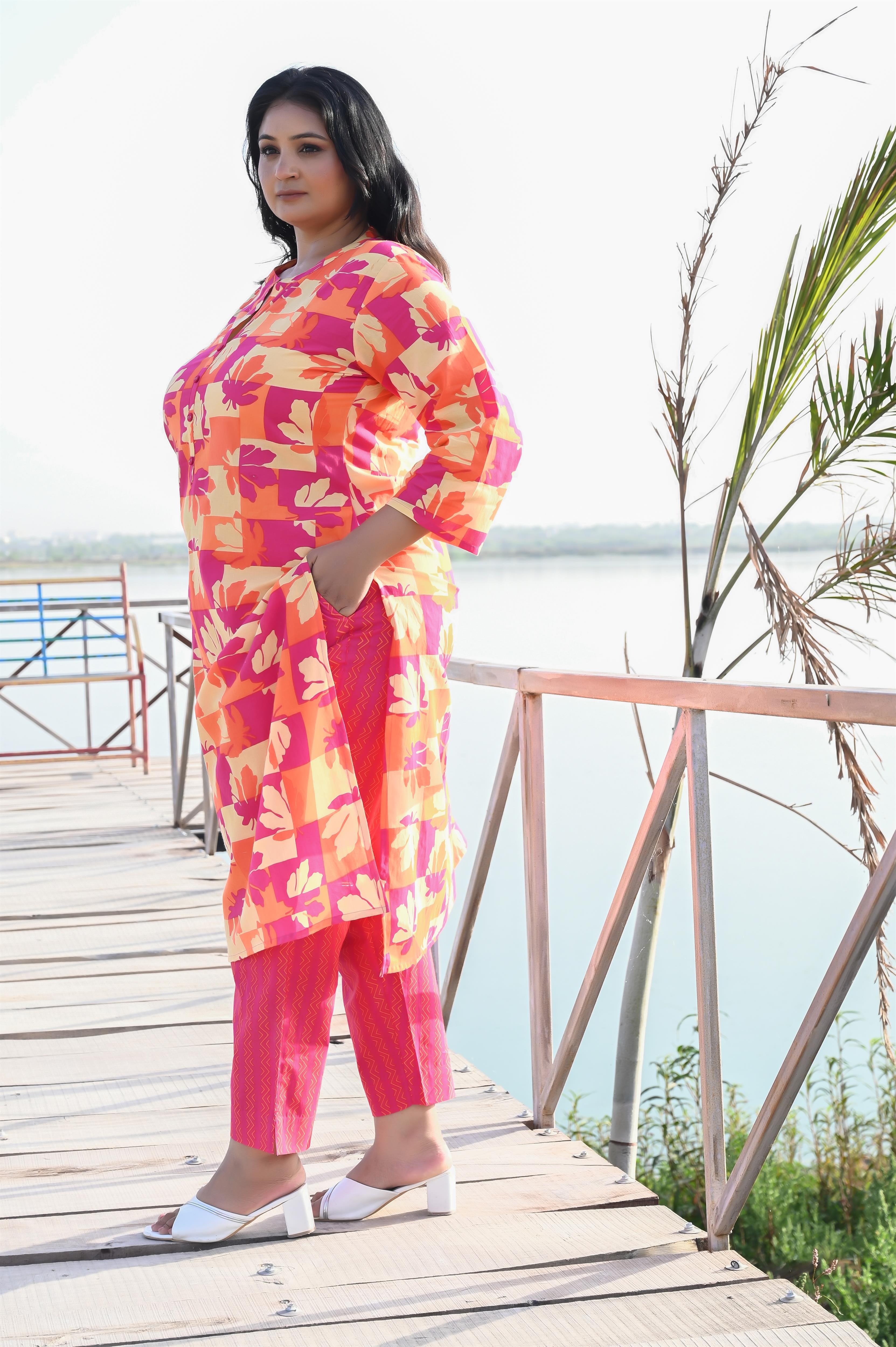 Pink-Orange Floral Printed Cotton Straight Kurta-Pant