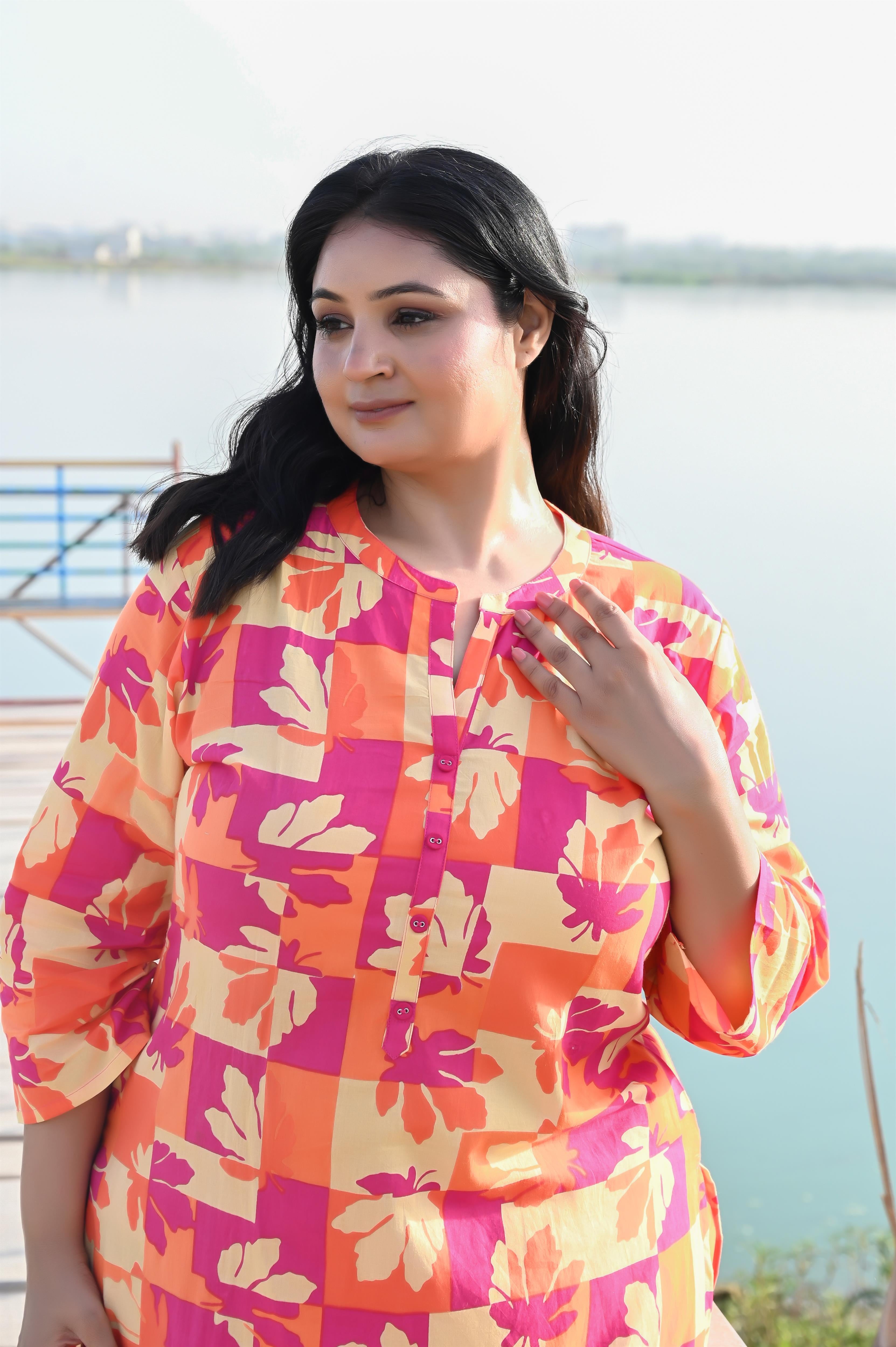 Pink-Orange Floral Printed Cotton Straight Kurta-Pant